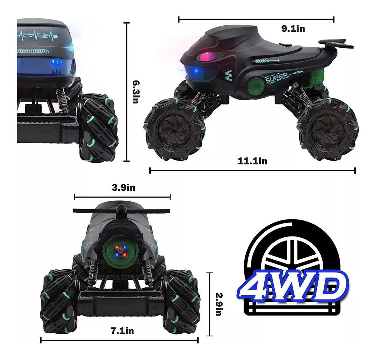 Auto A Control Remoto Monster Truck Lanza Agua Drift Luces Verde-2
