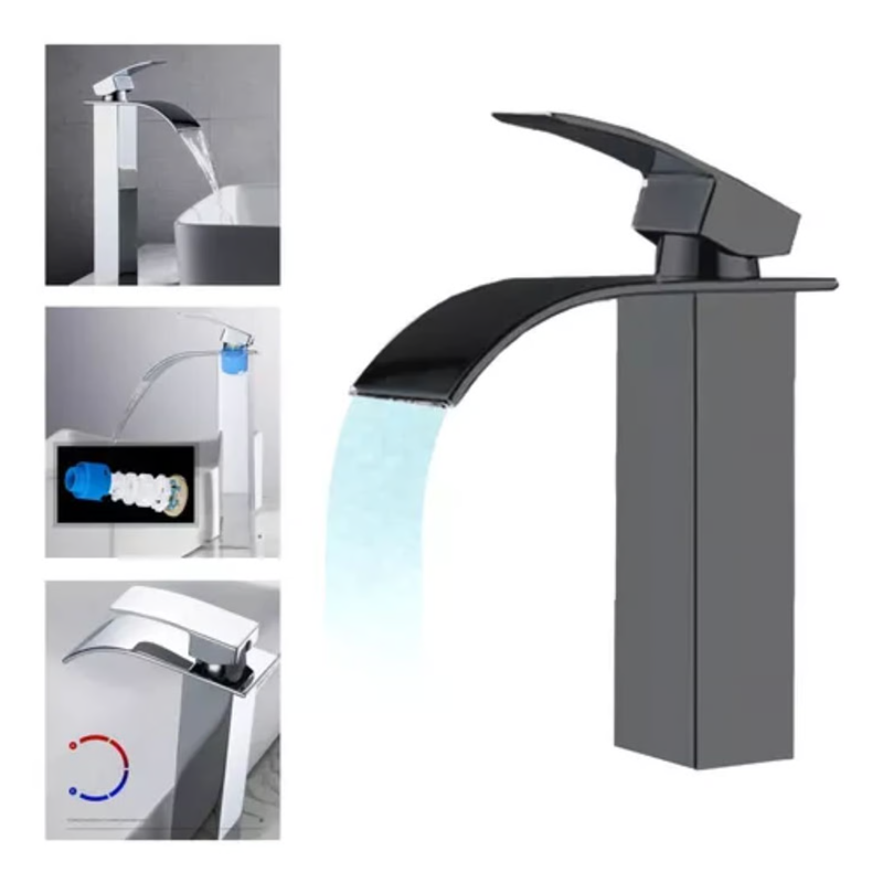 Llave Lavamanos Monomando Cascada Baño De Lujo Acero Negro-0