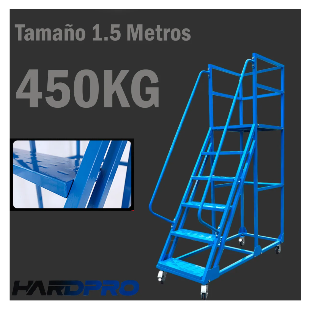 Escalera Industrial Tipo Avión 6 Peldaños 1,5m + Plataforma Azul-4
