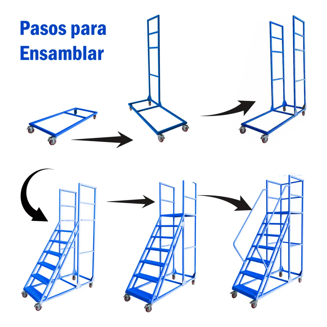 Escalera Industrial Tipo Avión 6 Peldaños 1,5m + Plataforma Azul-5