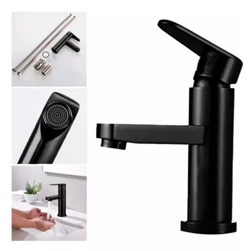 Llave Monomando Grifo Lavamanos Clásica Acero Inoxidable Negro-0