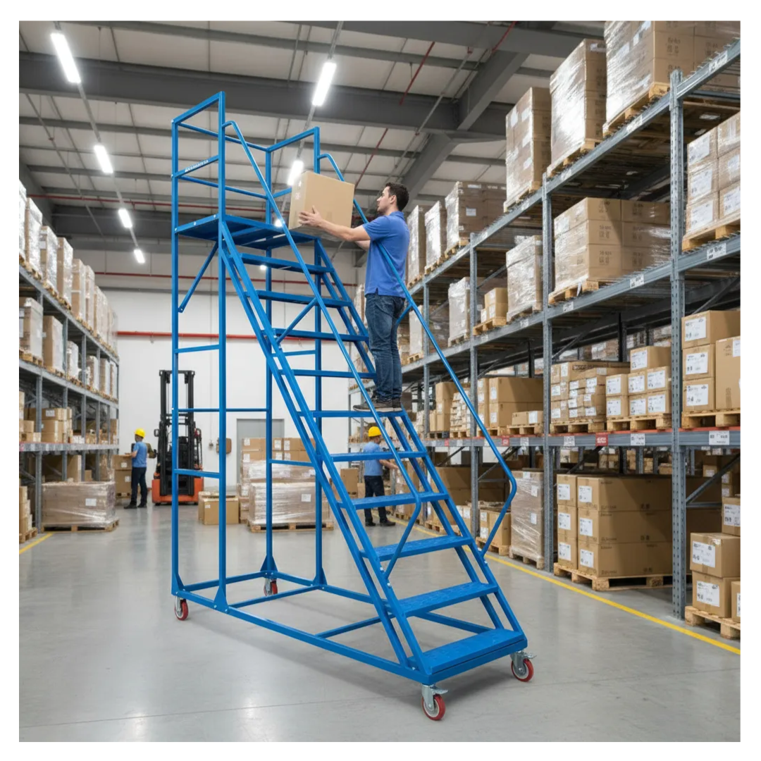 Escalera Industrial Tipo Avión 10 Peldaños 2,5m + Plataforma Azul-6