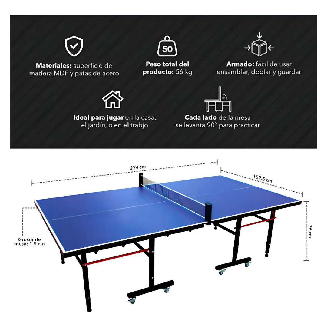 Mesa Profesional Ping Pong 274x152x76cm Boomfit Madera Red Azul-4