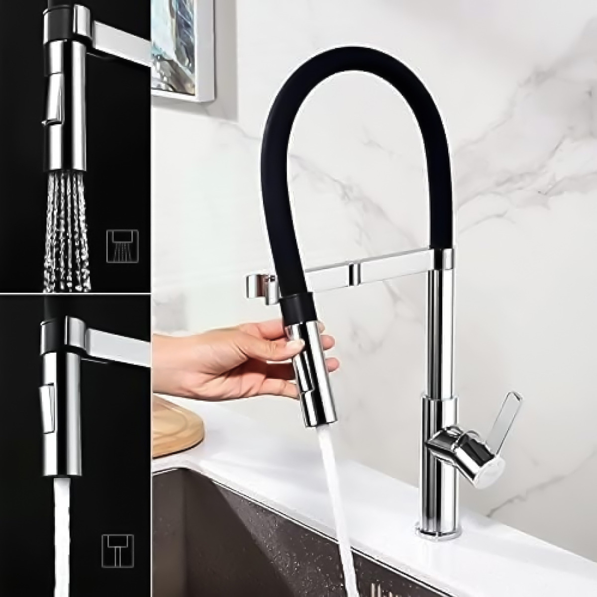 Llave Lavaplatos Grifo Diseño Moderno Cuello Flexible Acero Negro-3