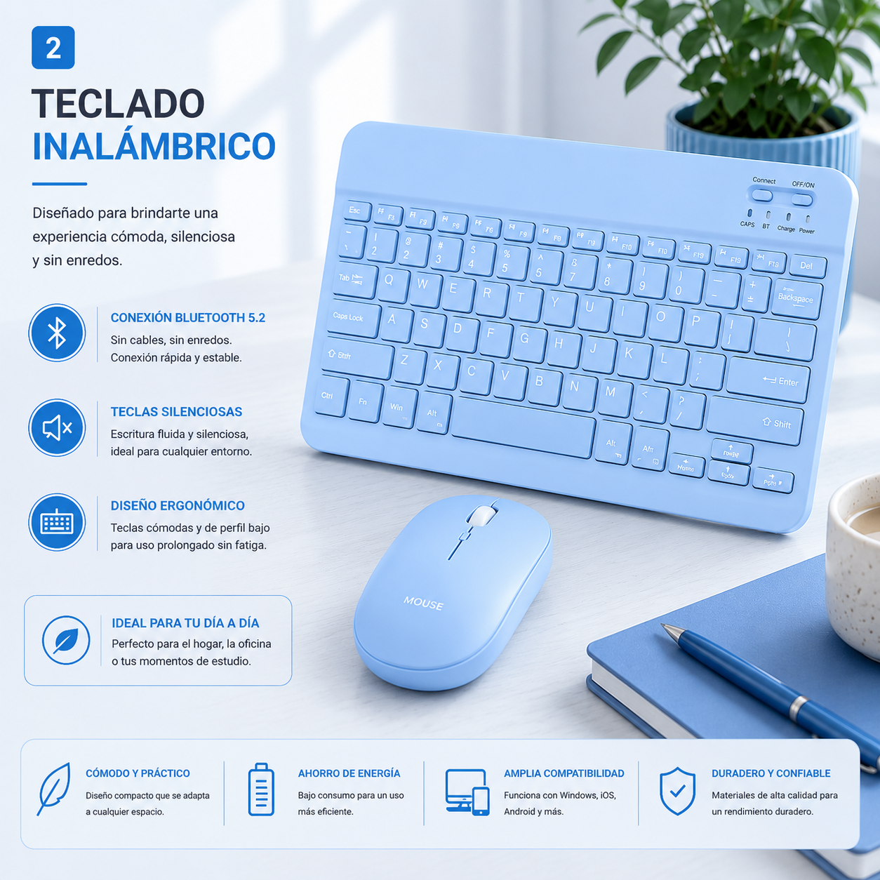 Kit Teclado Mouse compatible Tablet Ipad Android Slim Celeste-3