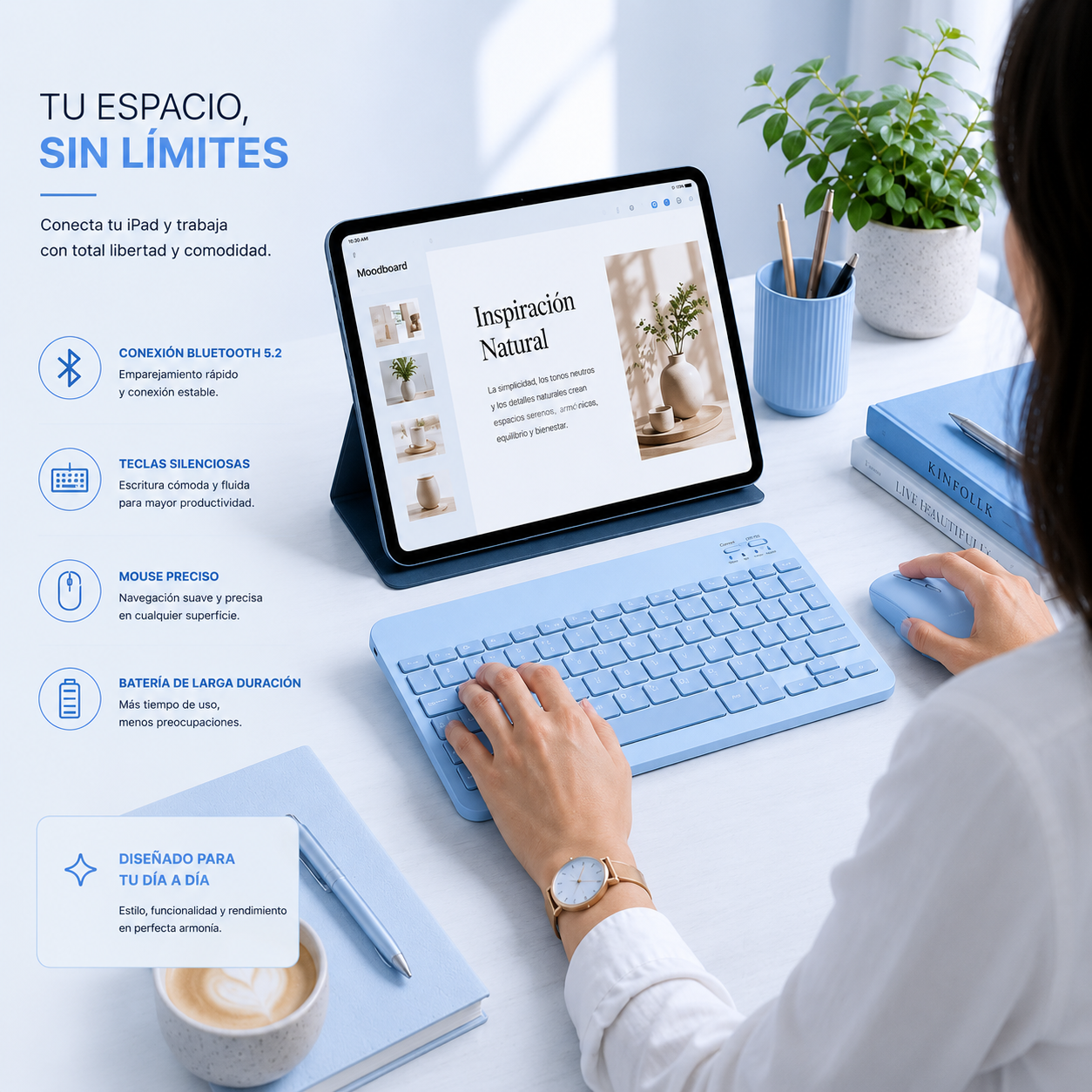 Kit Teclado Mouse compatible Tablet Ipad Android Slim Celeste-5