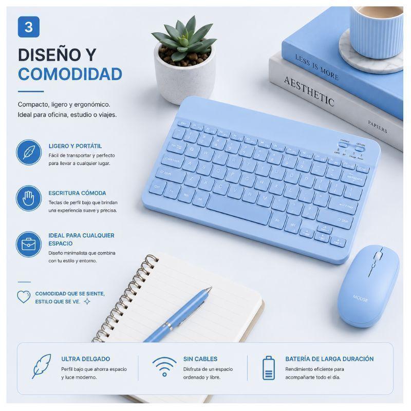 Kit Teclado Mouse compatible Tablet Ipad Android Slim Celeste-2