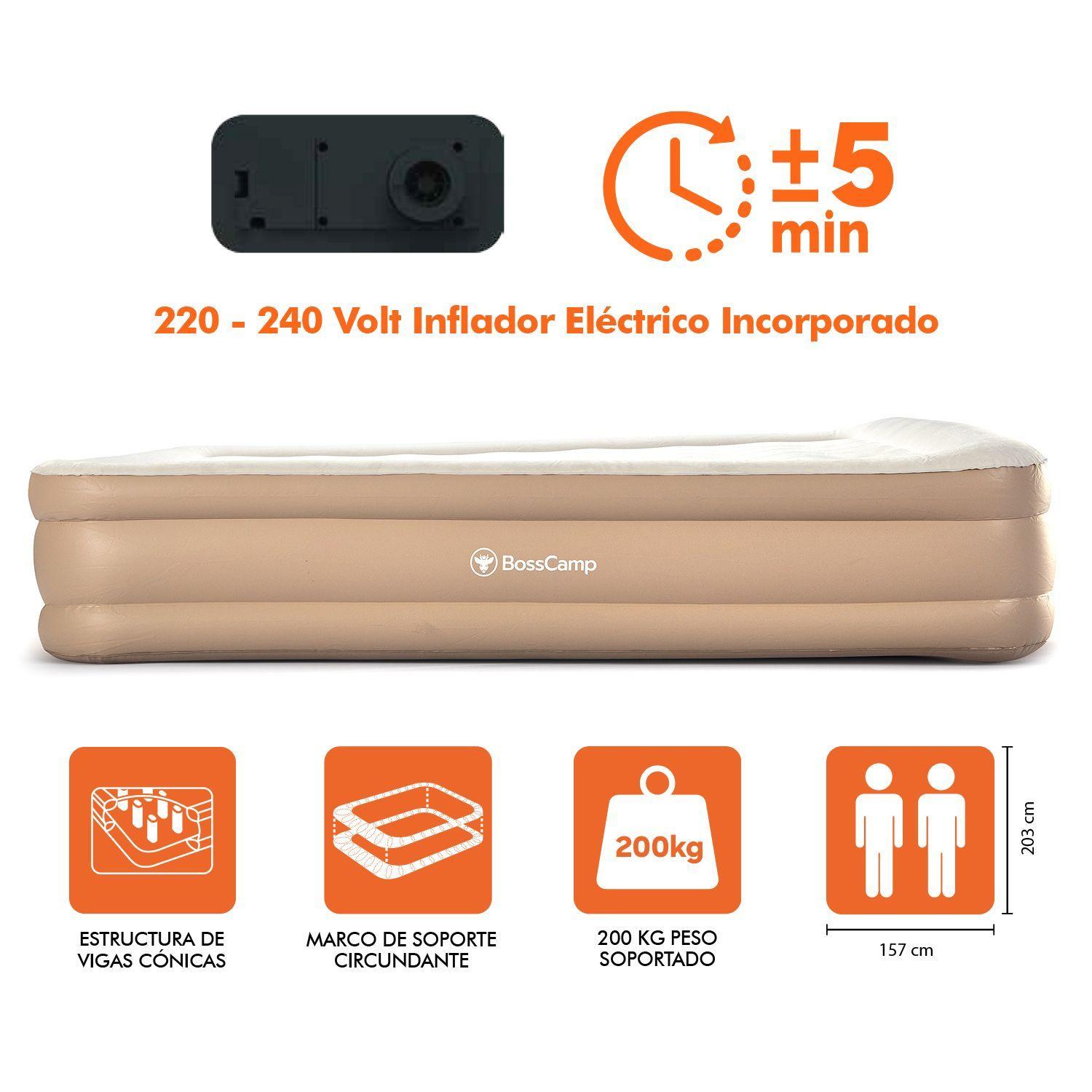 Colchón Cama Inflable Eléctrico Queen BossCamp 2 plazas Vinilo de alta resistencia Beige-3