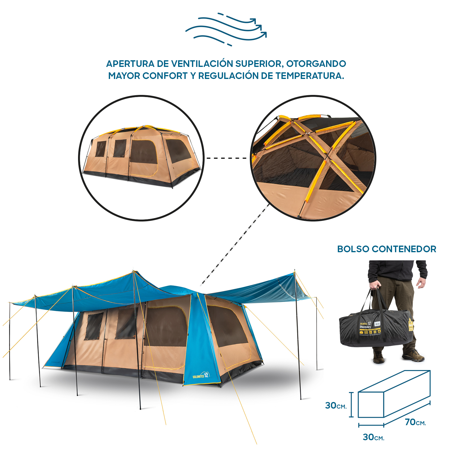 Carpa Camping Dolomites 12, 12 personas techo largo 3000 mm doble toldo-4