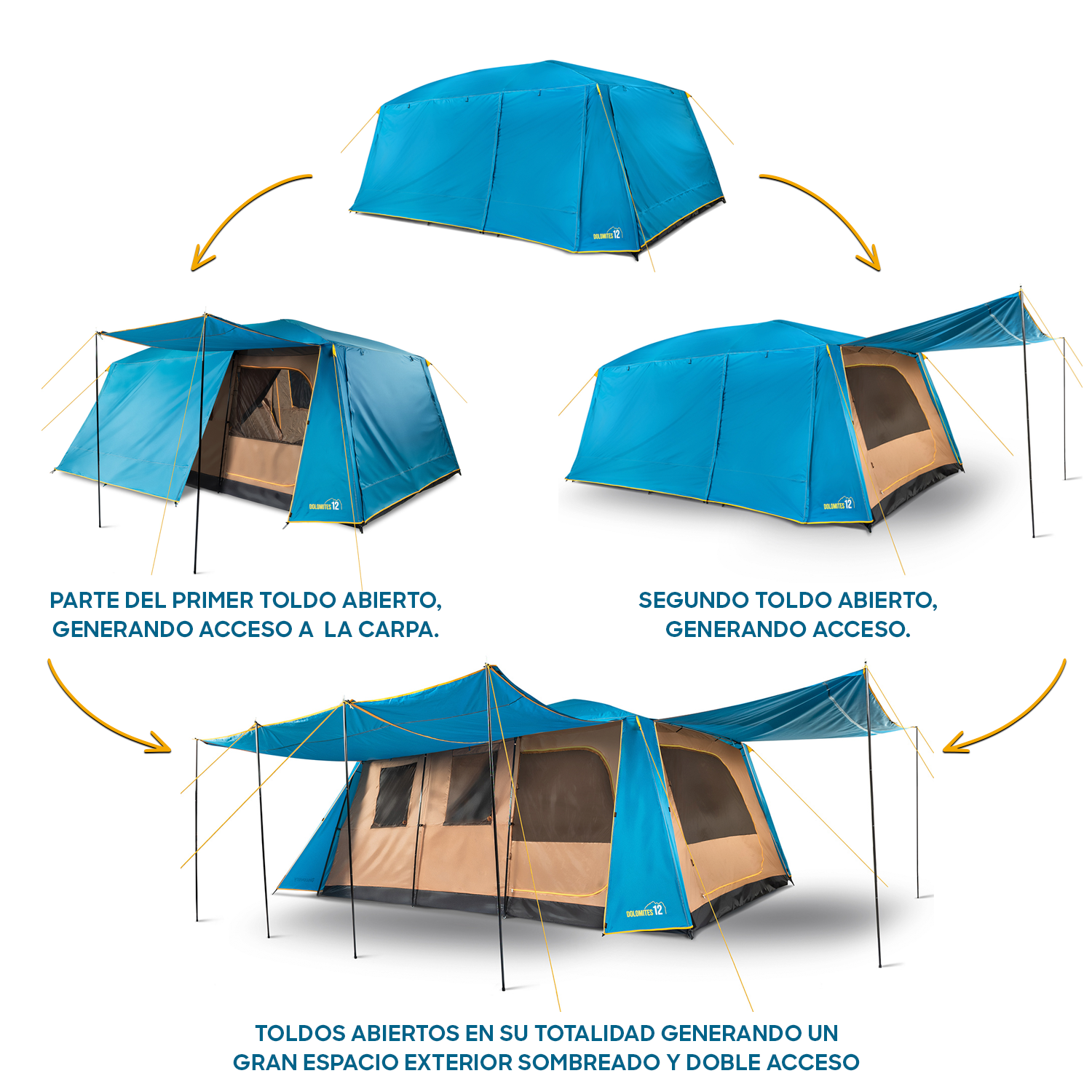 Carpa Camping Dolomites 12, 12 personas techo largo 3000 mm doble toldo-5