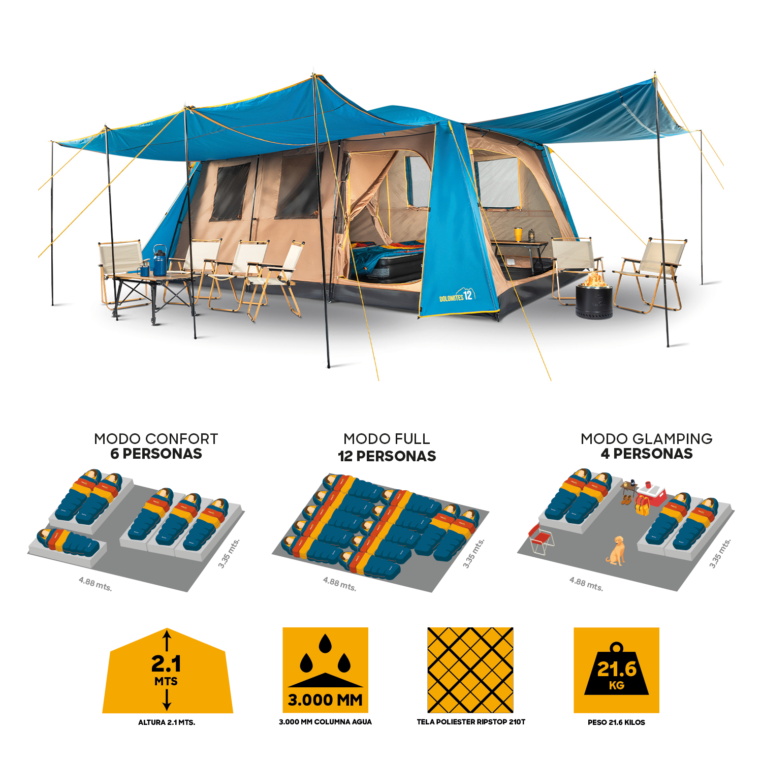 Carpa Camping Dolomites 12, 12 personas techo largo 3000 mm doble toldo-6