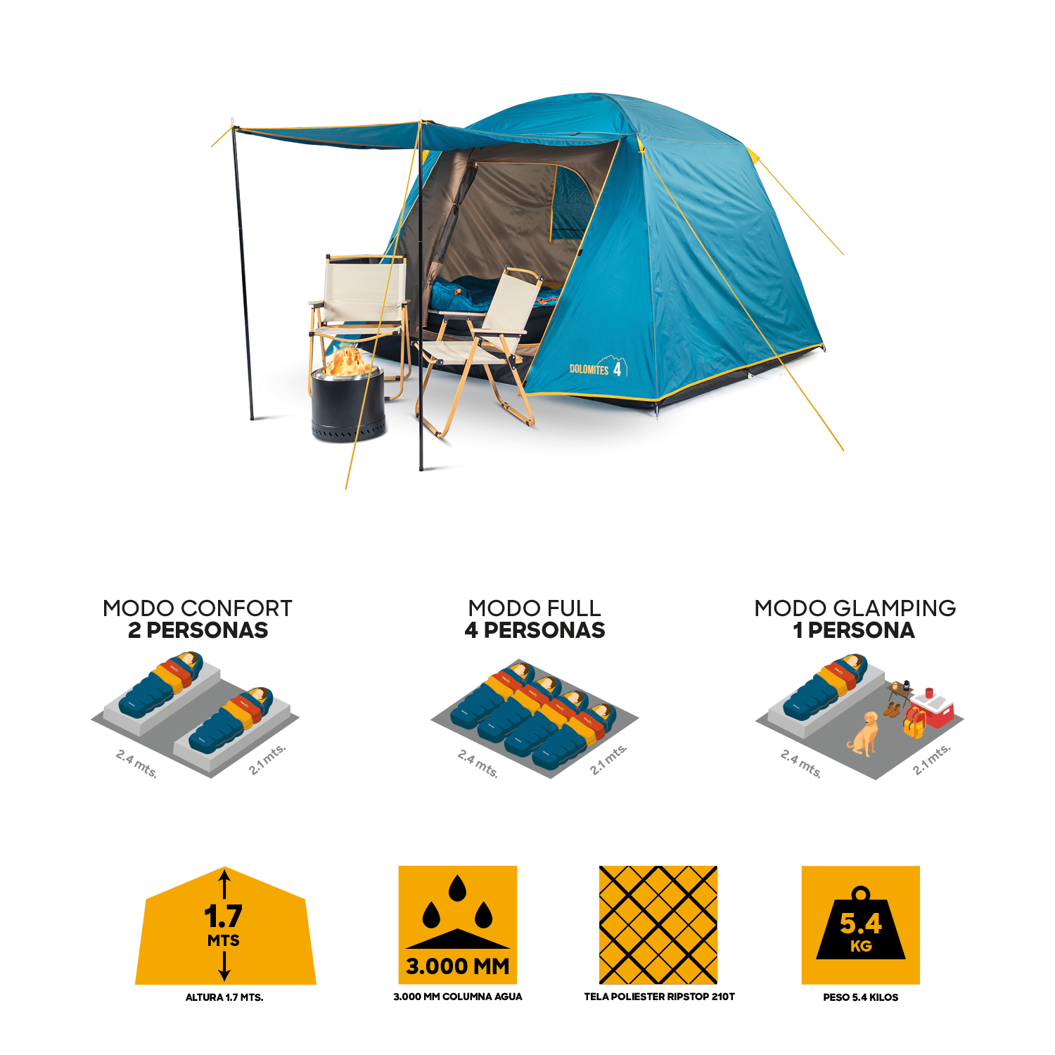 Carpa Camping Dolomites 4, 4 personas techo largo 3000 mm doble toldo-4