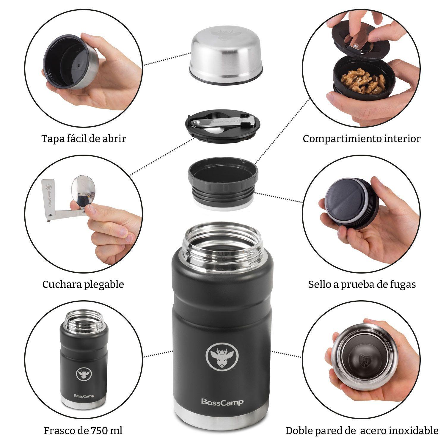 Termo Comida BossCamp 750 ml Negro Acero Inox Bolso Cuchara-7