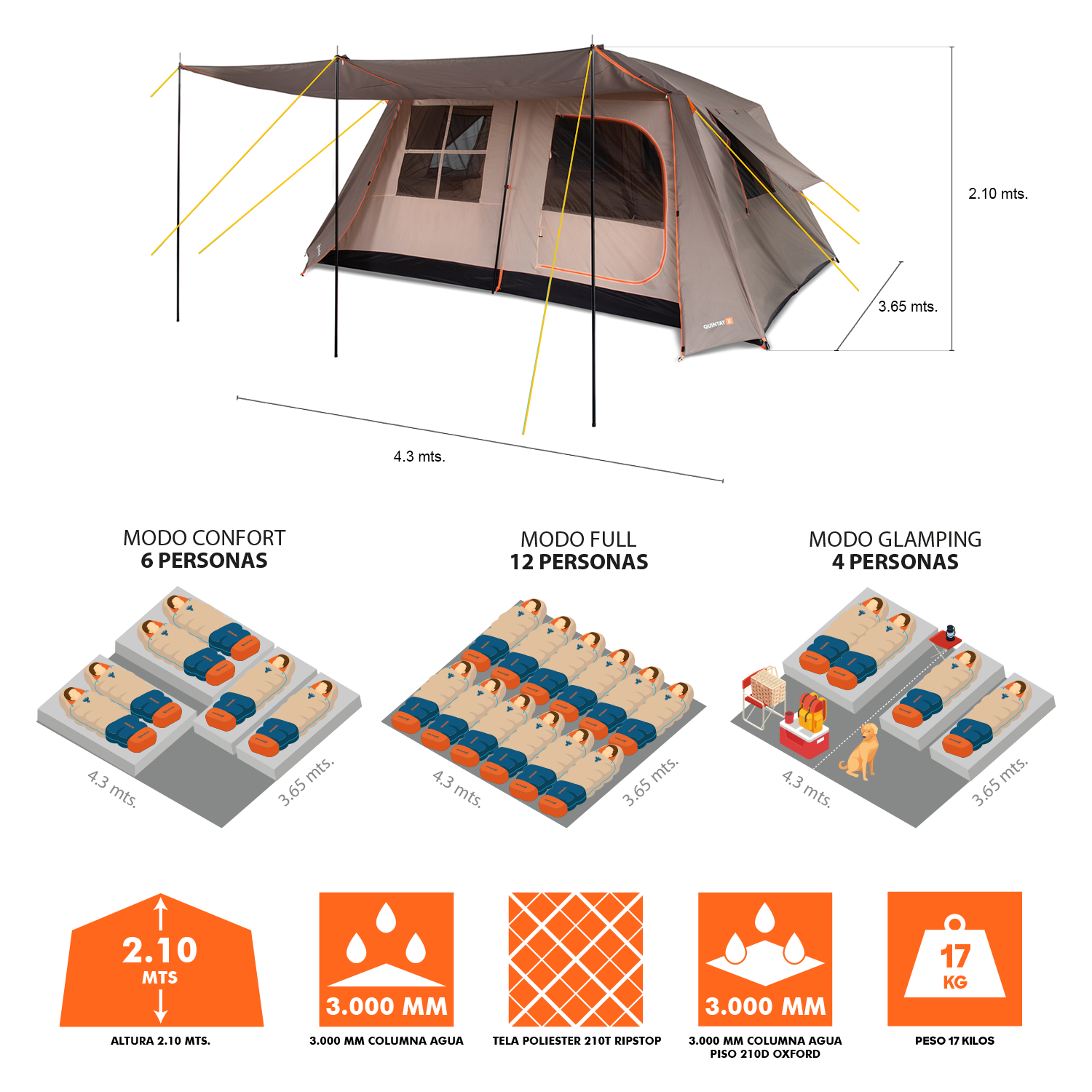 Carpa Quintay XII 12 Personas Bosscamp 3000 Mm Cubre Techo Largo-4