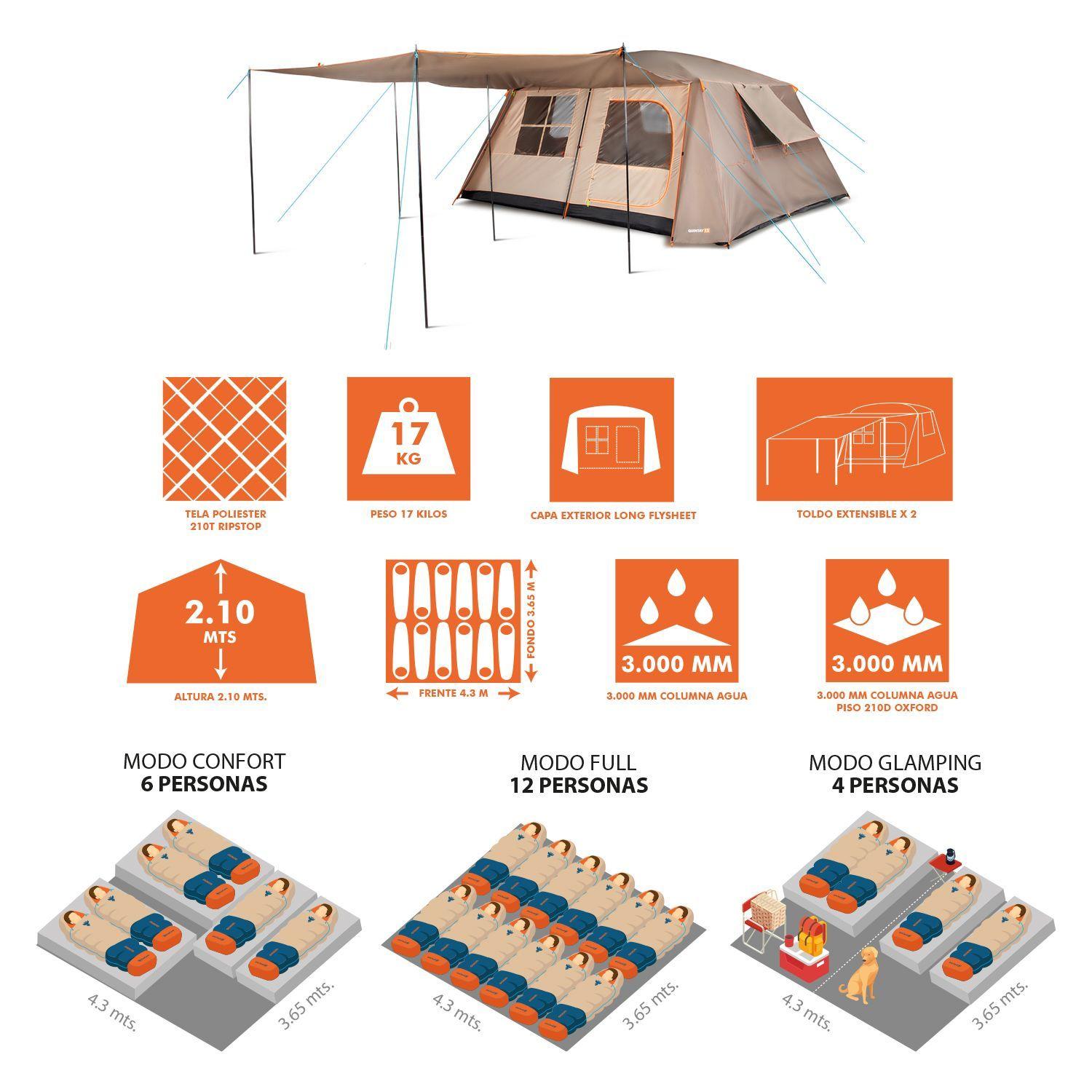 Carpa Camping Quintay 12 Personas Bosscamp 3000 Mm Cubre Techo Largo Toldo Extendido-3