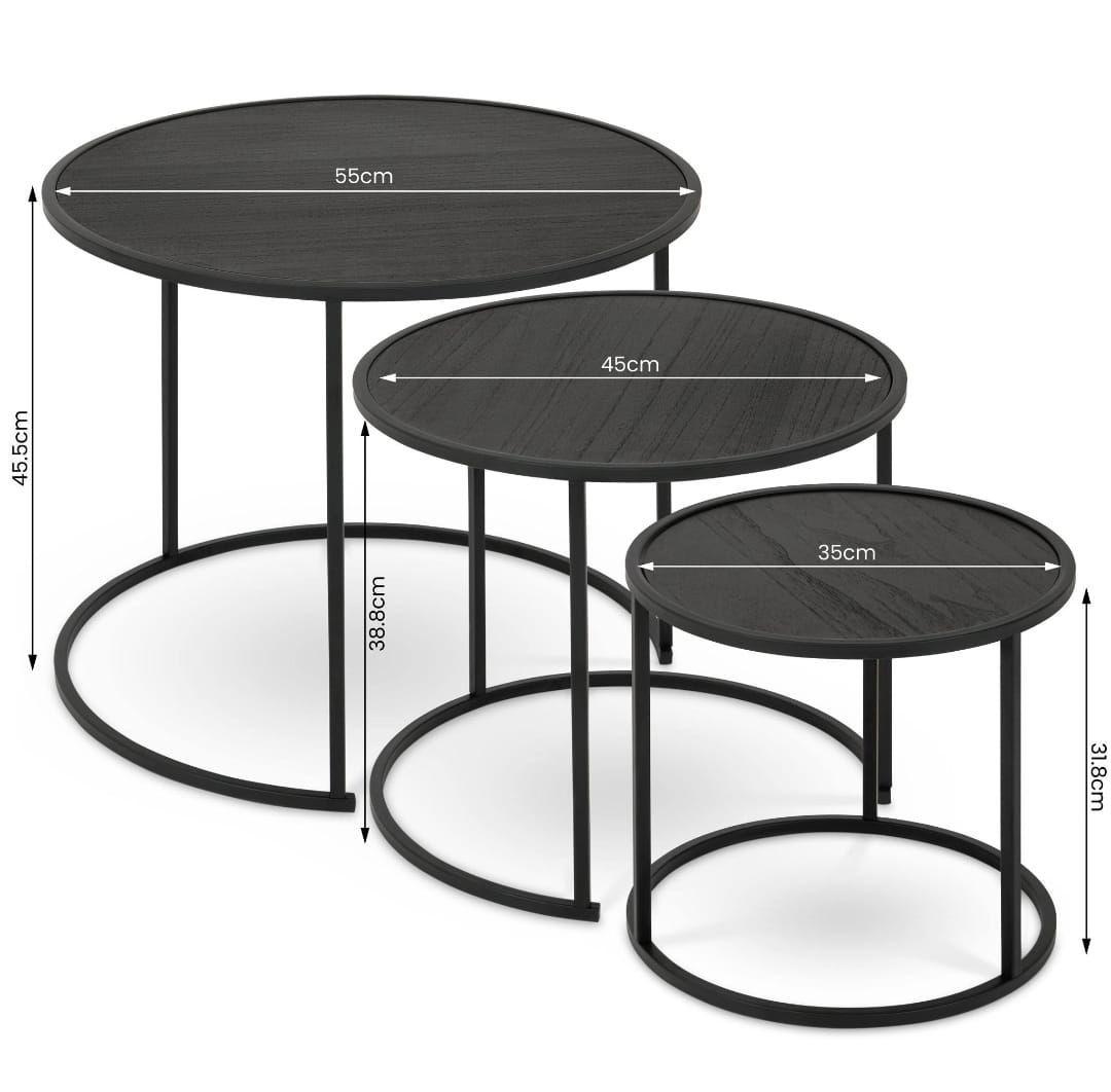 Set De 3 Mesas Laterales Redonda Marco De Metal Cubierta Mdf-2