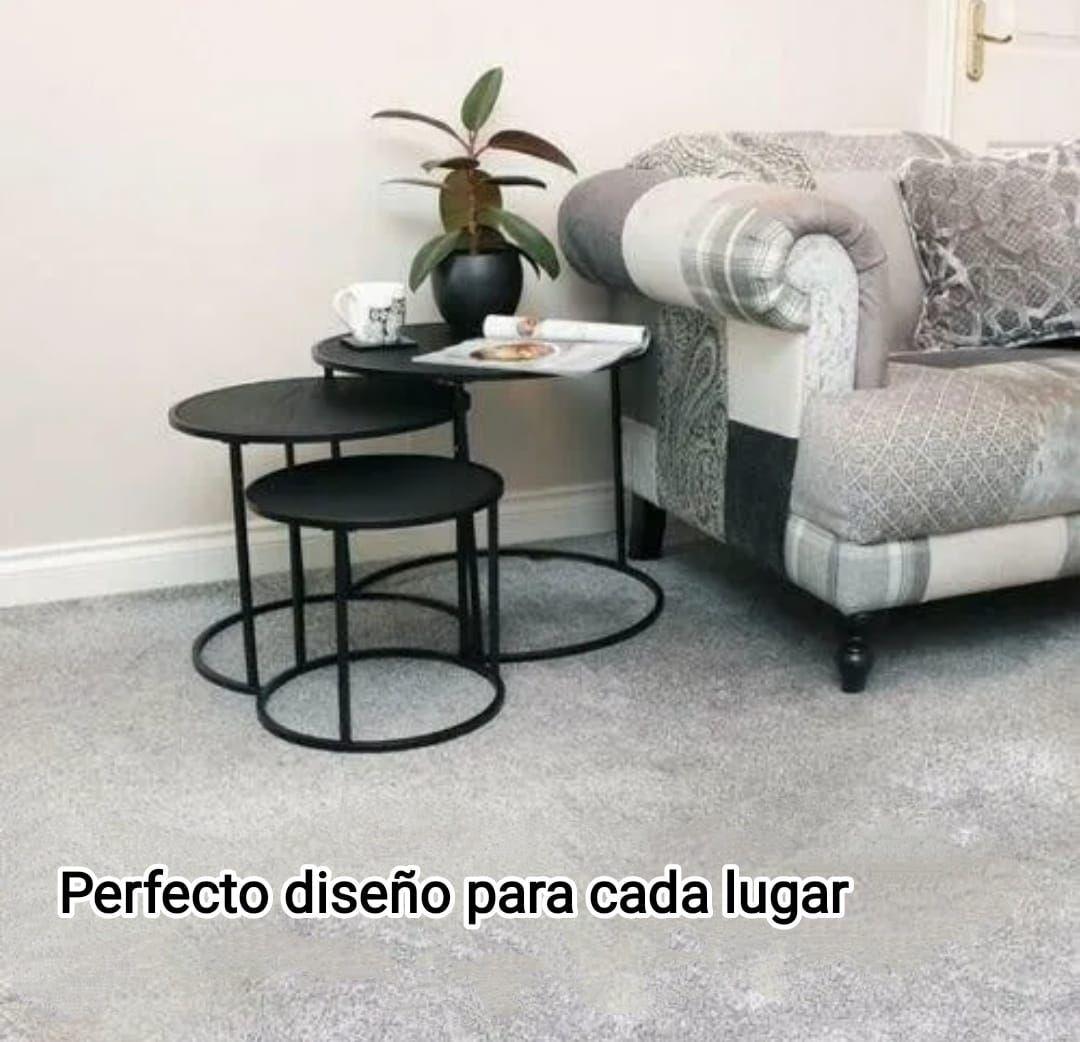 Set De 3 Mesas Laterales Redonda Marco De Metal Cubierta Mdf-4