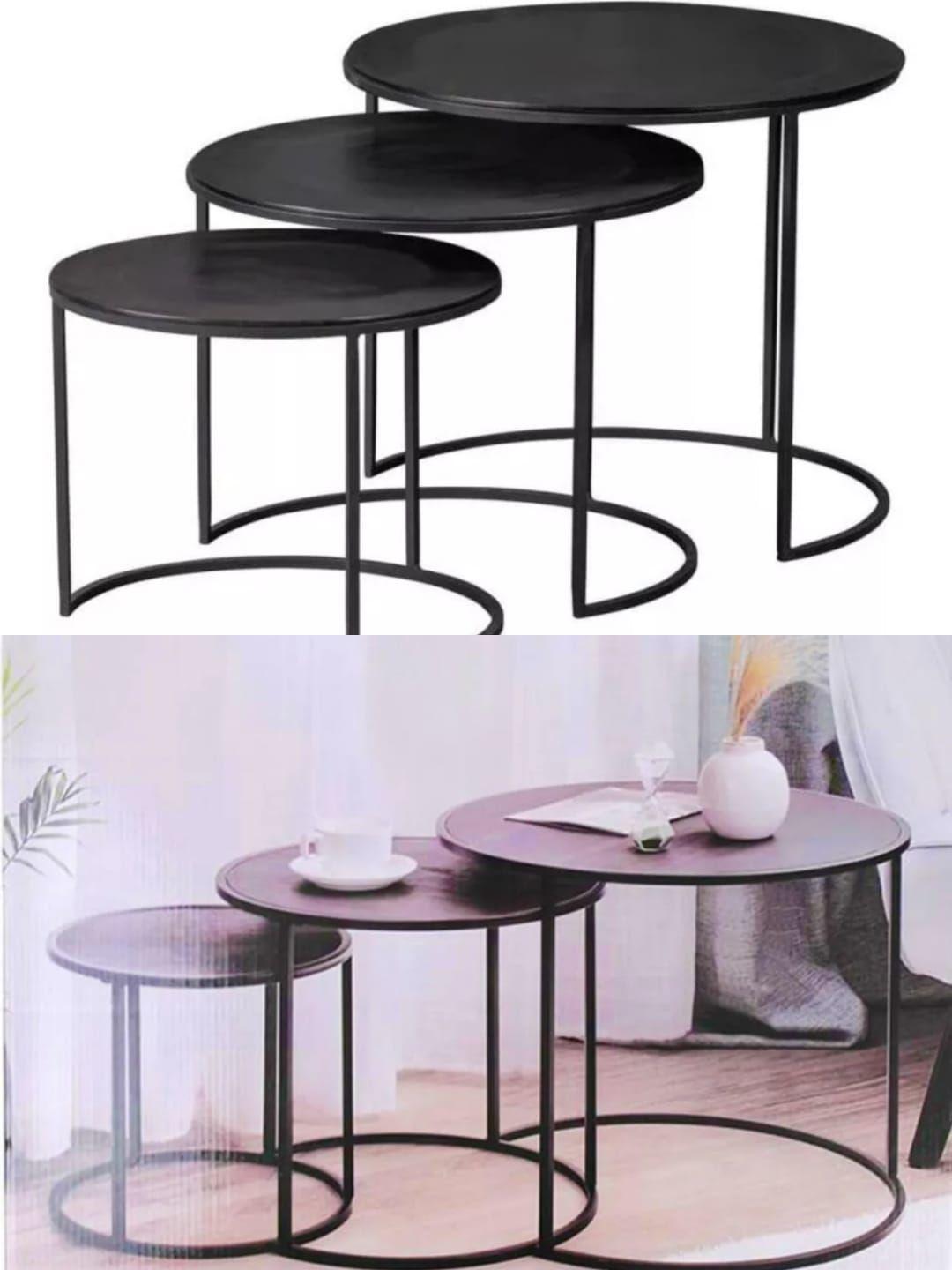 Set De 3 Mesas Laterales Redonda Marco De Metal Cubierta Mdf-5