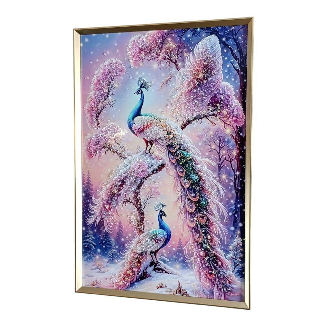 Cuadro Pavos Reales Snow, Pintura Estilo Diamond, 91x61x3cm-0