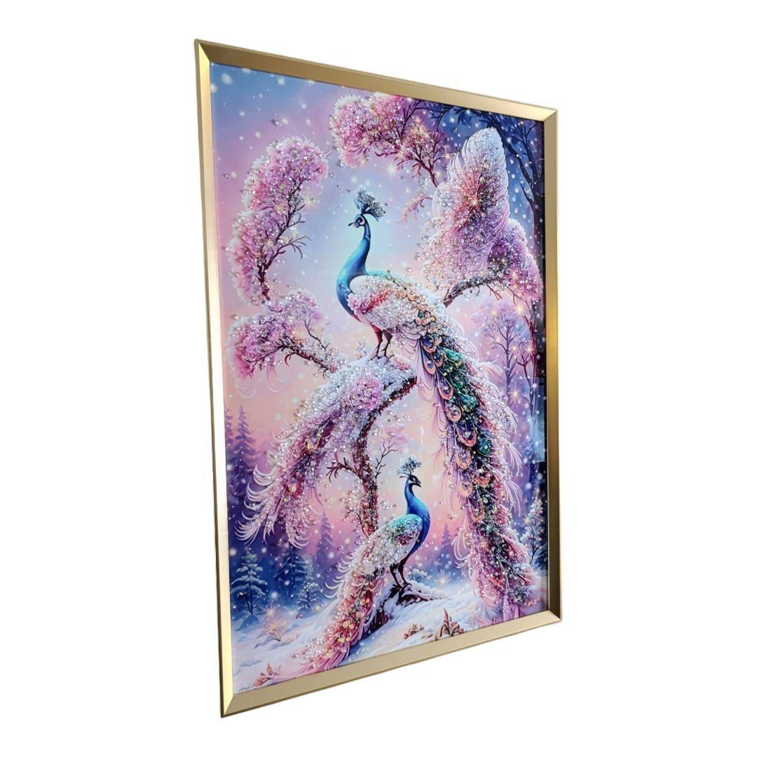 Cuadro Pavos Reales Snow, Pintura Estilo Diamond, 91x61x3cm-1