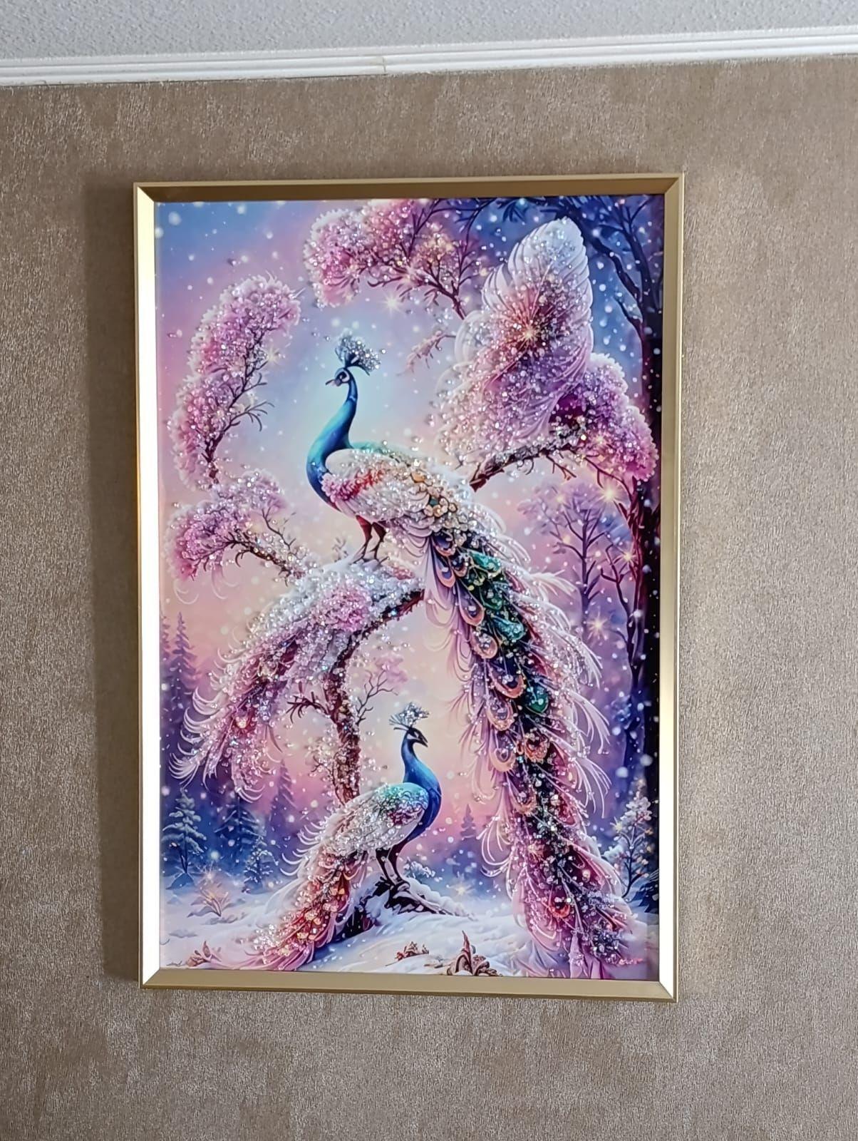 Cuadro Pavos Reales Snow, Pintura Estilo Diamond, 91x61x3cm-3