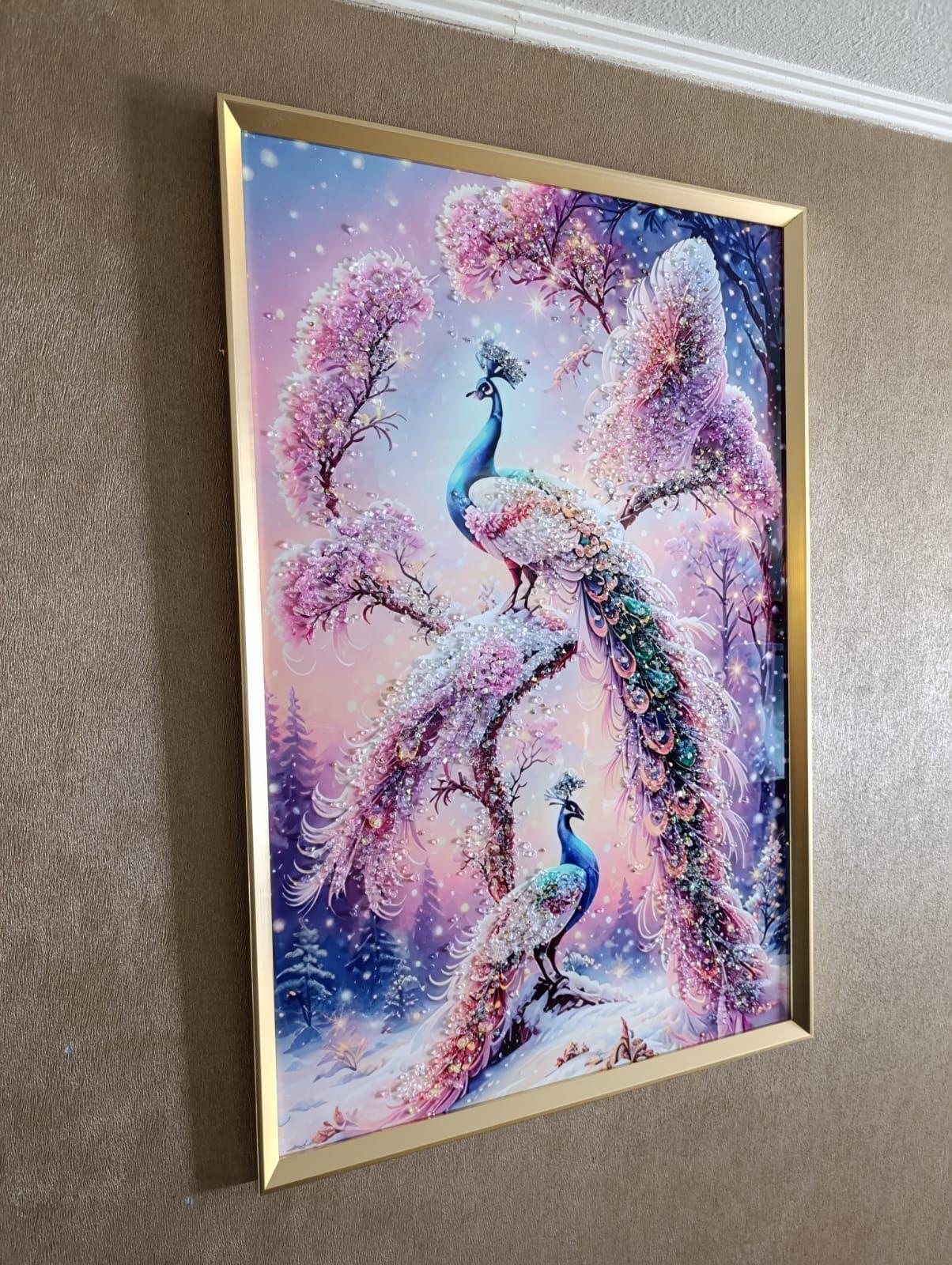 Cuadro Pavos Reales Snow, Pintura Estilo Diamond, 91x61x3cm-4