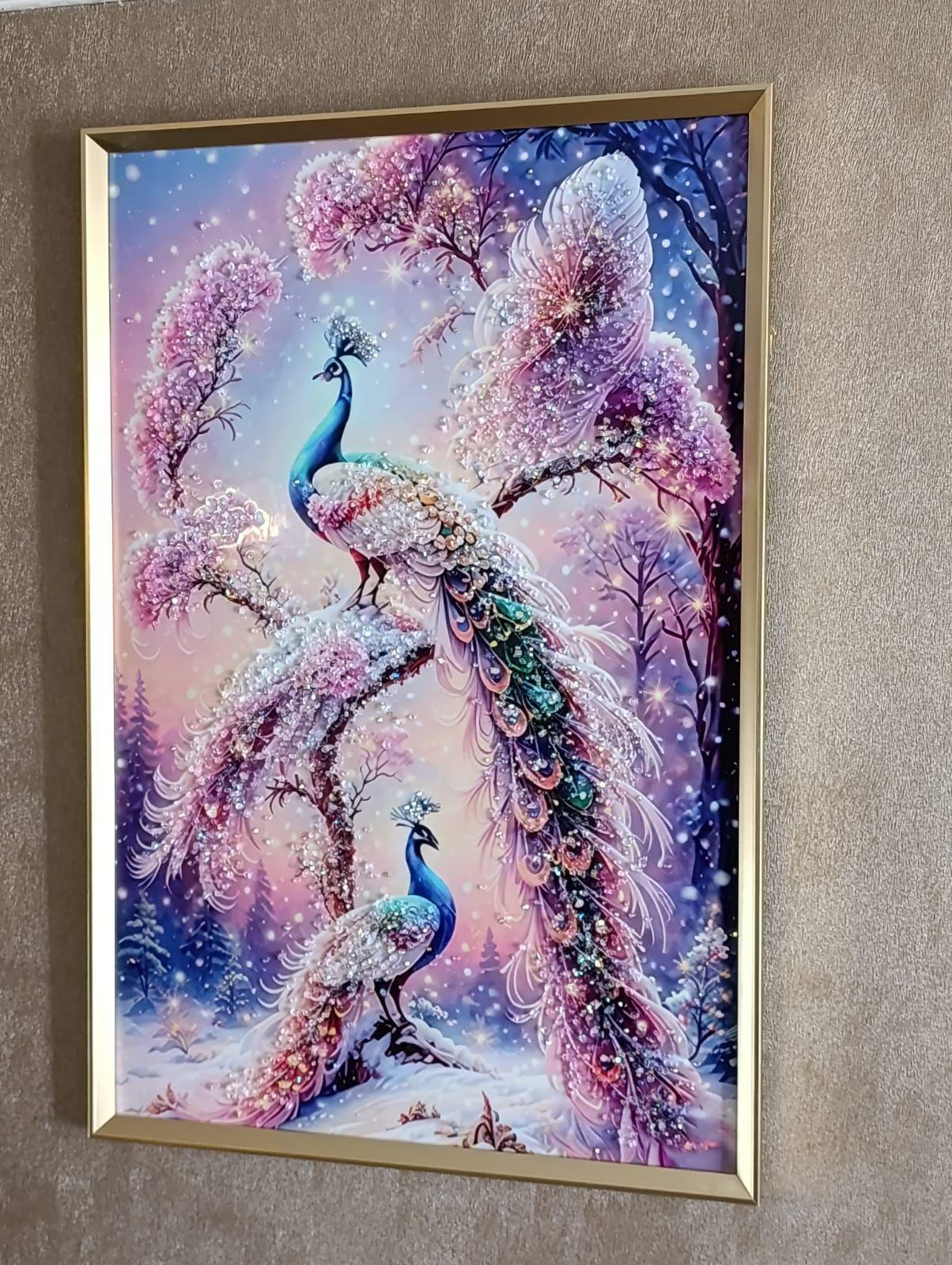 Cuadro Pavos Reales Snow, Pintura Estilo Diamond, 91x61x3cm-6