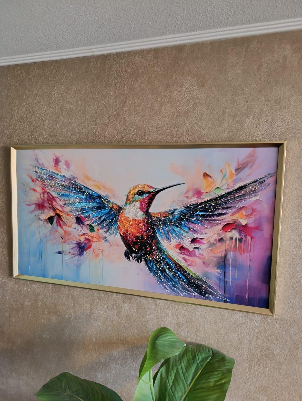Cuadro Picaflor Multicolor, Pintura Diamond, Marco Dorado 110x60x3cm-1