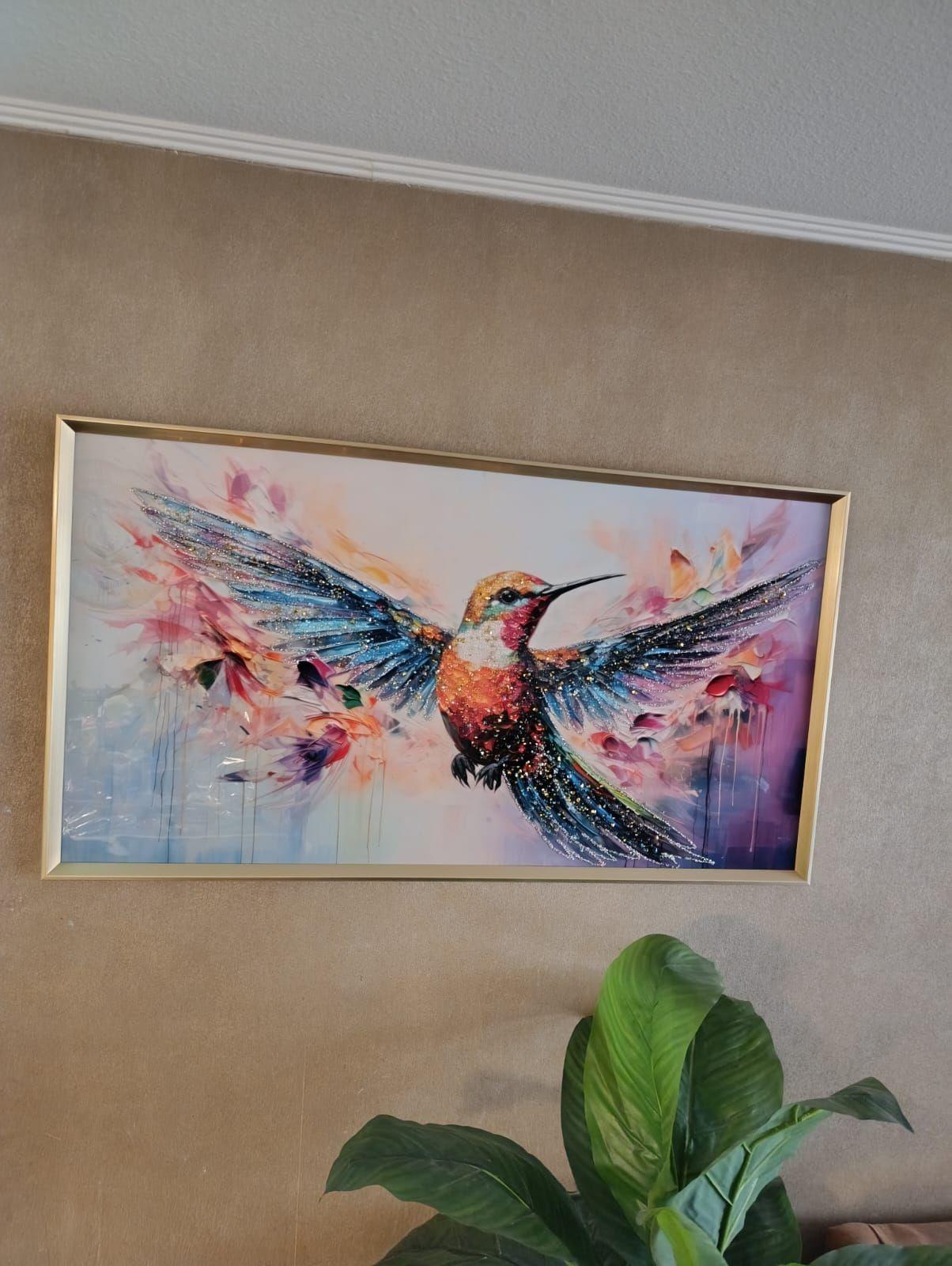 Cuadro Picaflor Multicolor, Pintura Diamond, Marco Dorado 110x60x3cm-2