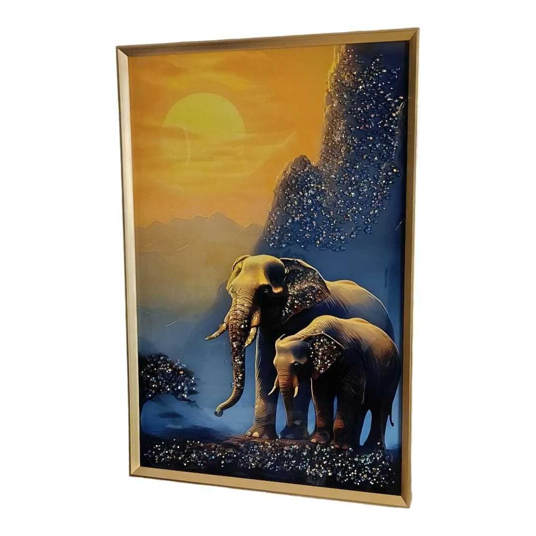 Cuadro Elefantes Montaña, Pintura Estilo Diamond, 91x61x3cm-0
