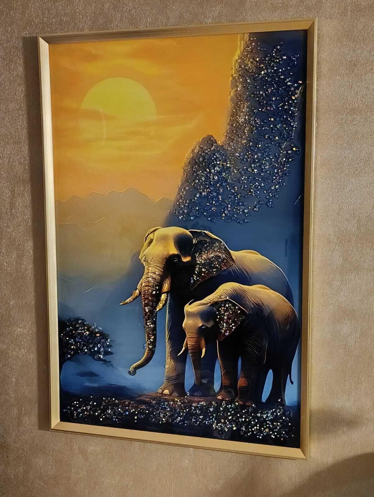 Cuadro Elefantes Montaña, Pintura Estilo Diamond, 91x61x3cm-1