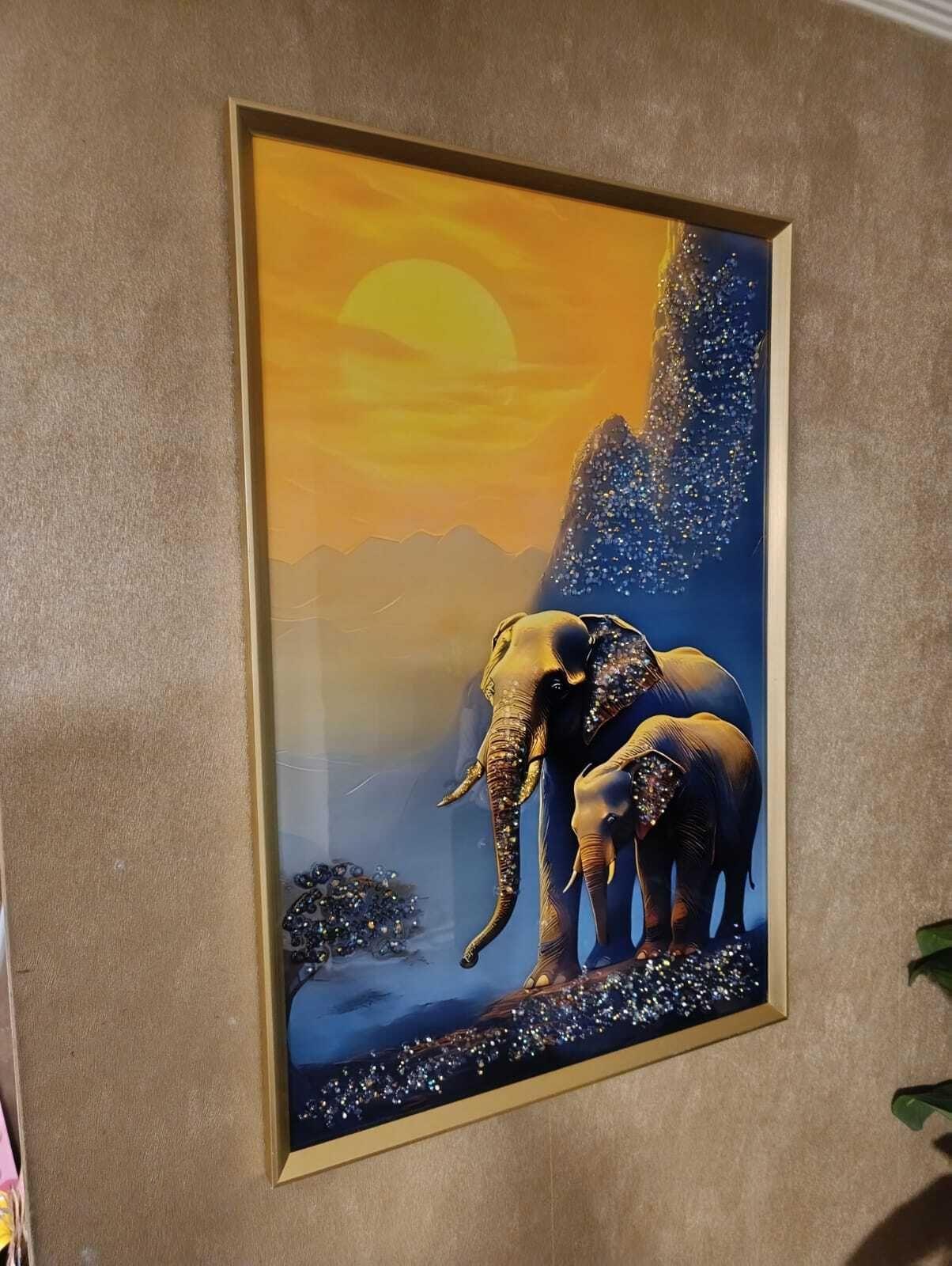 Cuadro Elefantes Montaña, Pintura Estilo Diamond, 91x61x3cm-2