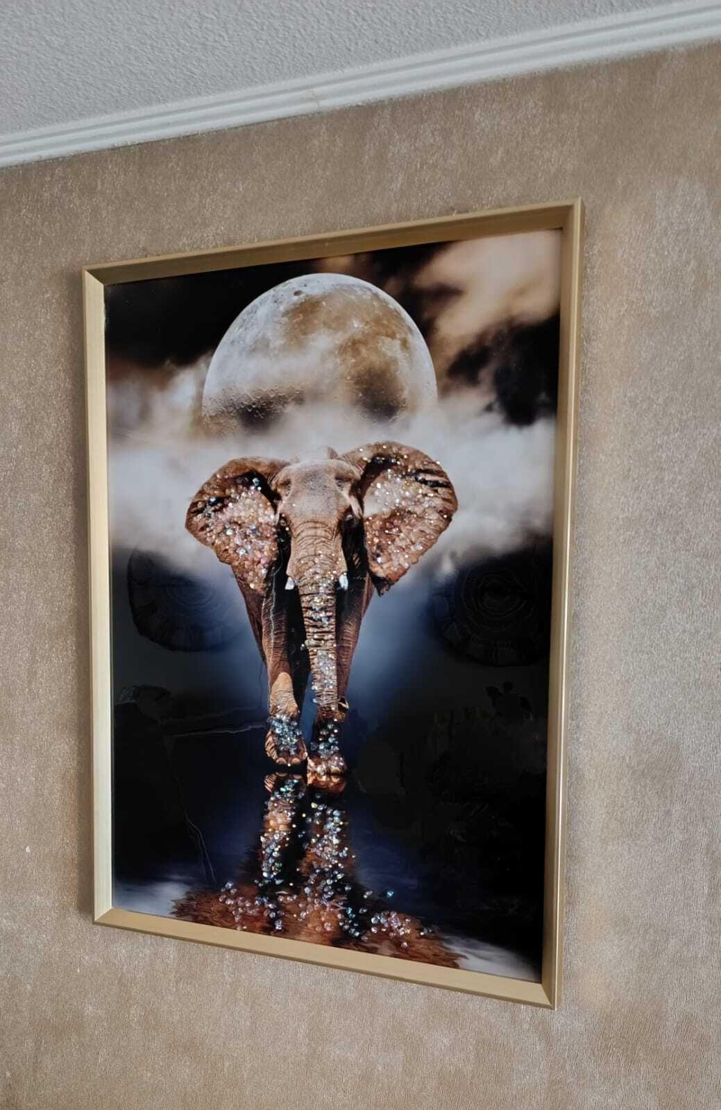 Cuadro Elefante/luna, Pintura Diamante, Marco Dorado 81x61cm-2