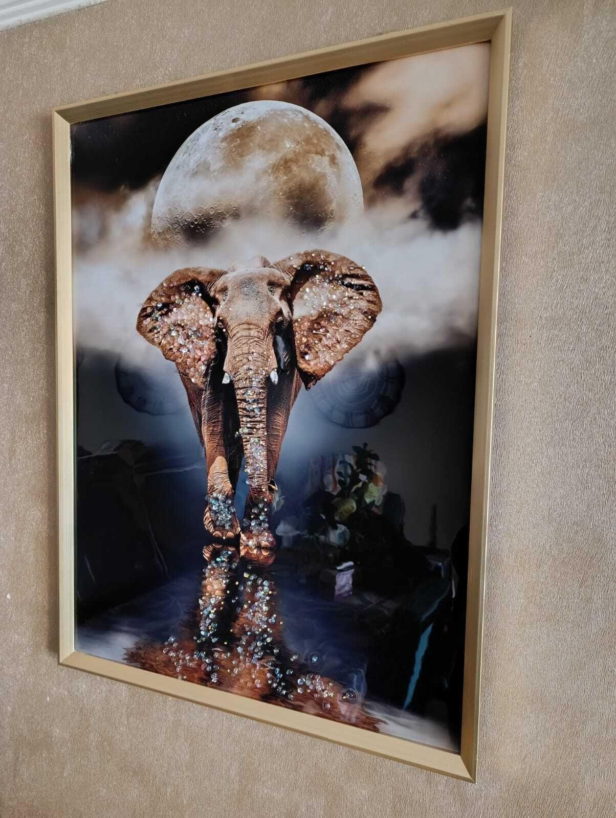 Cuadro Elefante/luna, Pintura Diamante, Marco Dorado 81x61cm-3
