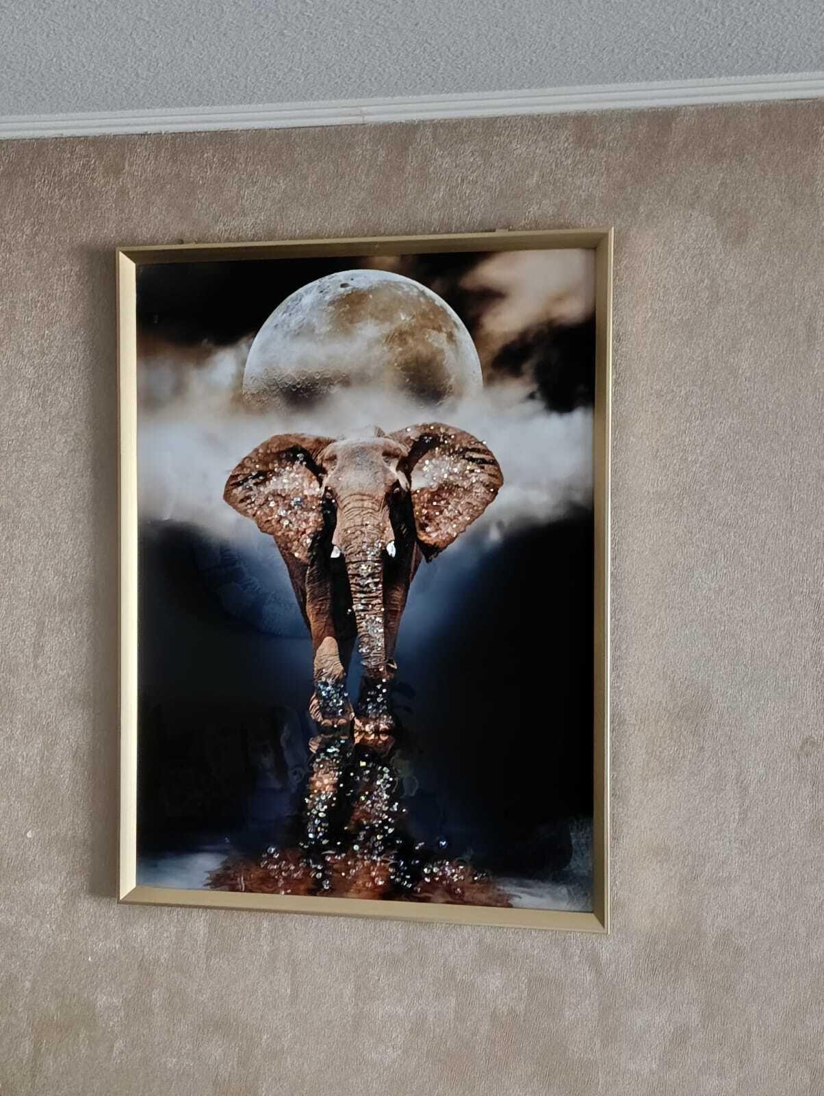 Cuadro Elefante/luna, Pintura Diamante, Marco Dorado 81x61cm-4