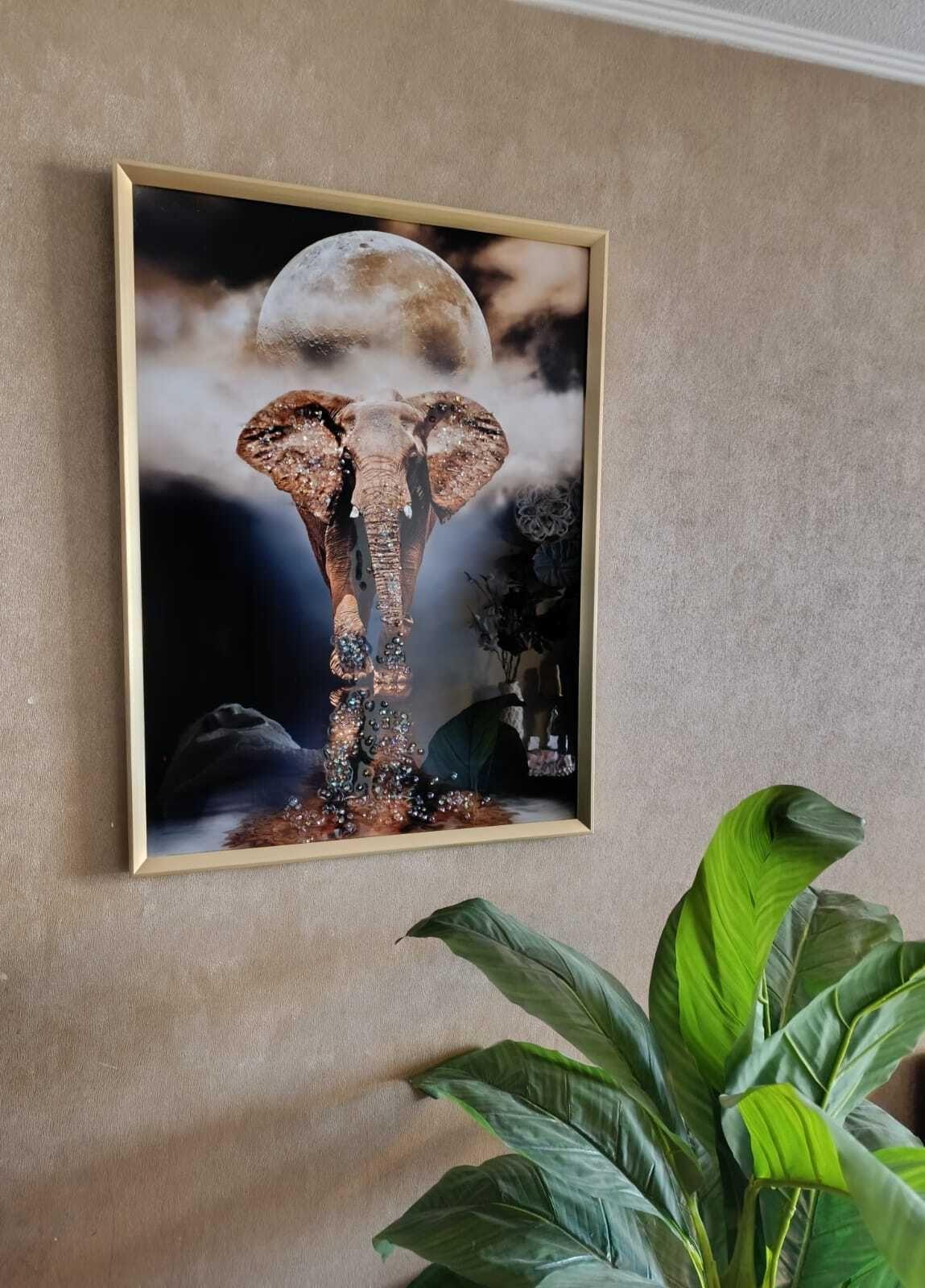 Cuadro Elefante/luna, Pintura Diamante, Marco Dorado 81x61cm-6