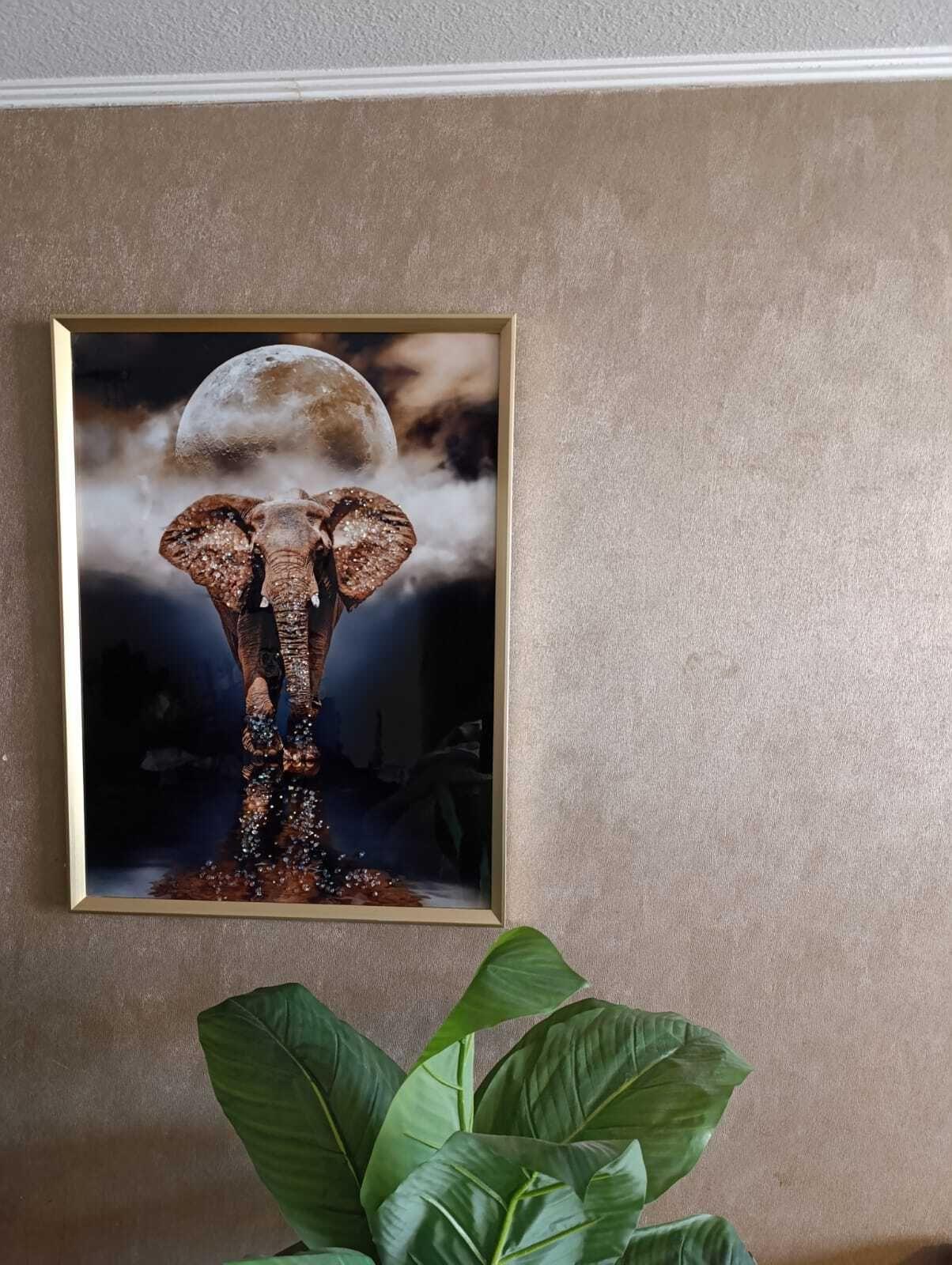 Cuadro Elefante/luna, Pintura Diamante, Marco Dorado 81x61cm-7