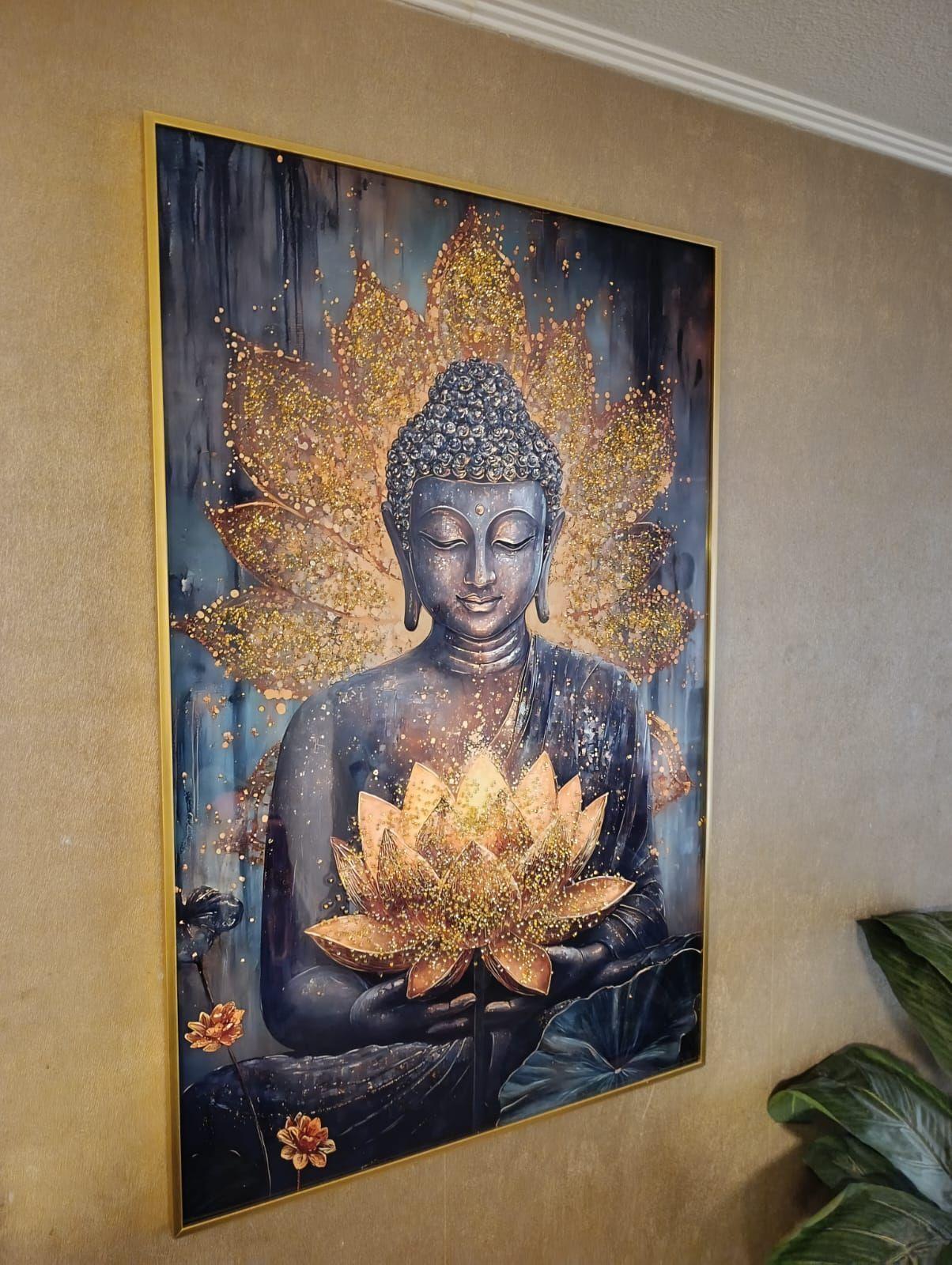 Cuadro Buda Flor Loto Estilo Diamante Marco Dorado110x70x4cm-2
