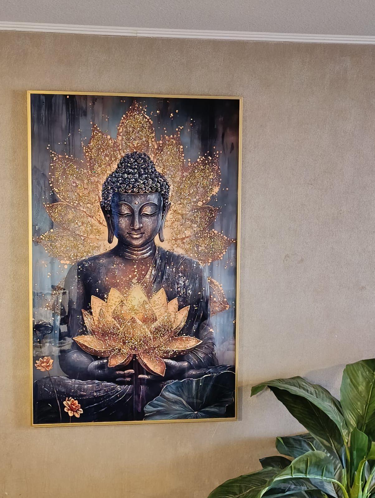 Cuadro Buda Flor Loto Estilo Diamante Marco Dorado110x70x4cm-3