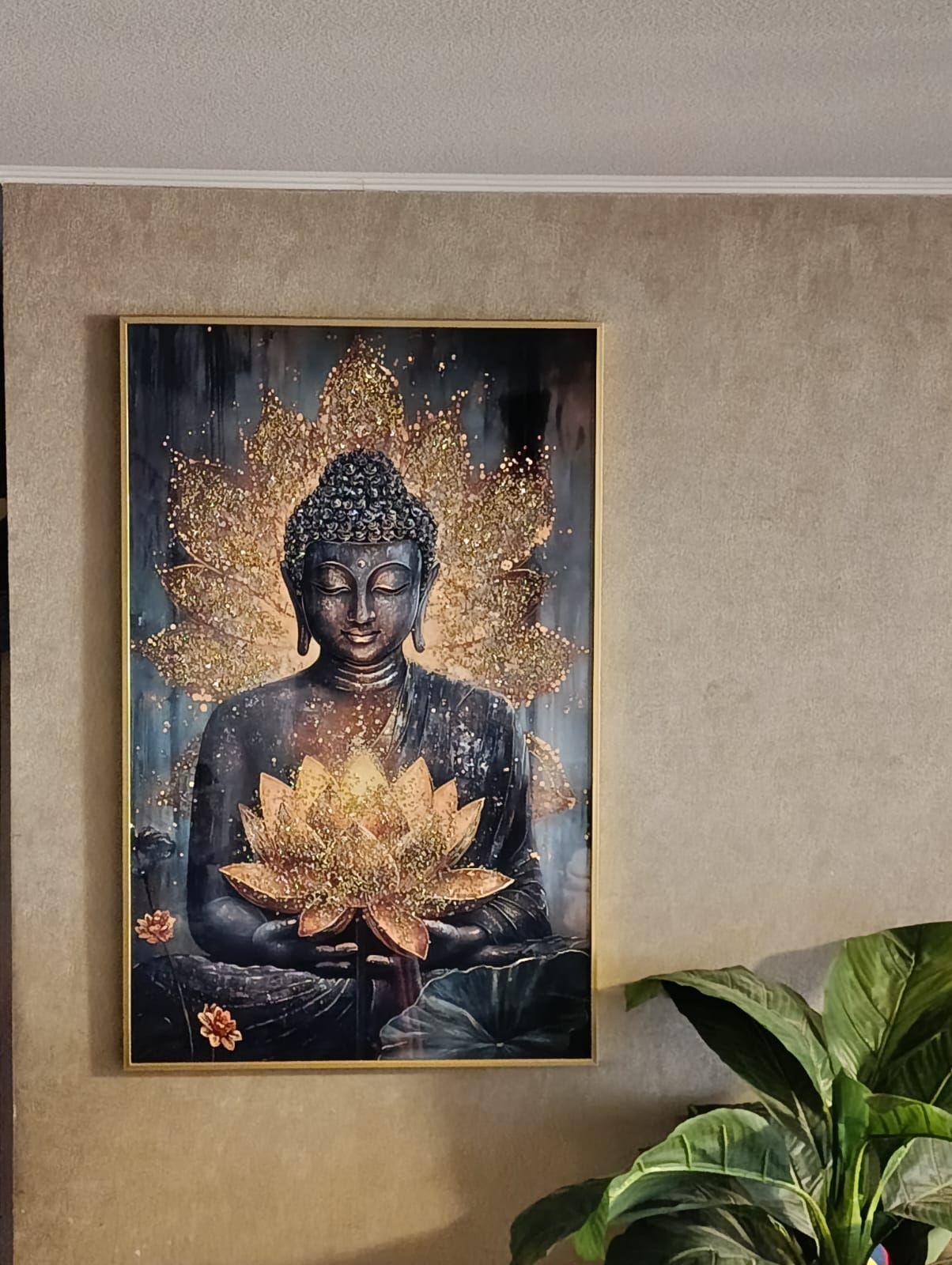 Cuadro Buda Flor Loto Estilo Diamante Marco Dorado110x70x4cm-4
