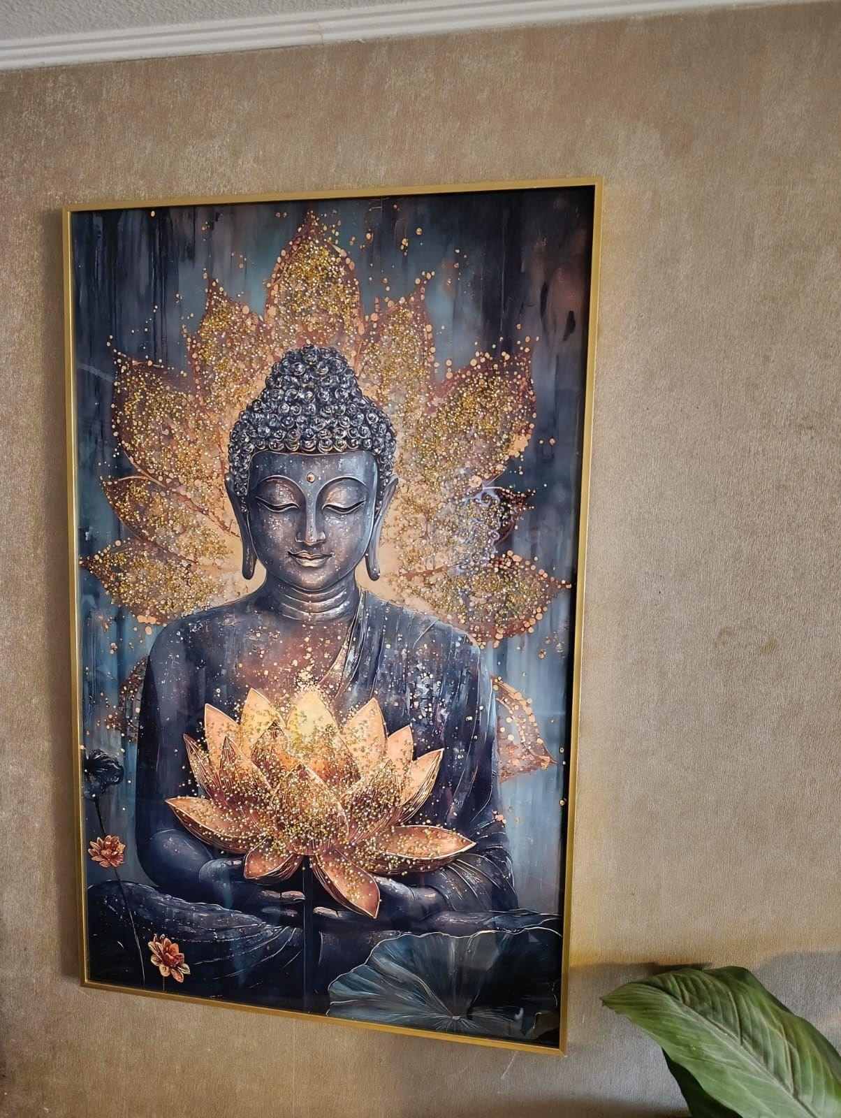 Cuadro Buda Flor Loto Estilo Diamante Marco Dorado110x70x4cm-6