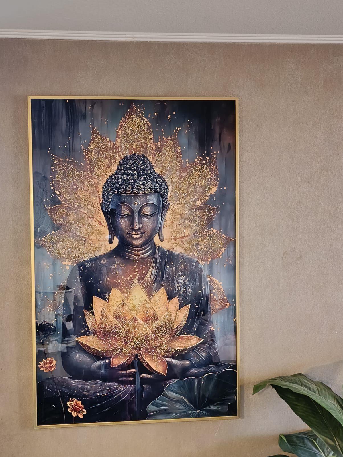 Cuadro Buda Flor Loto Estilo Diamante Marco Dorado110x70x4cm-7