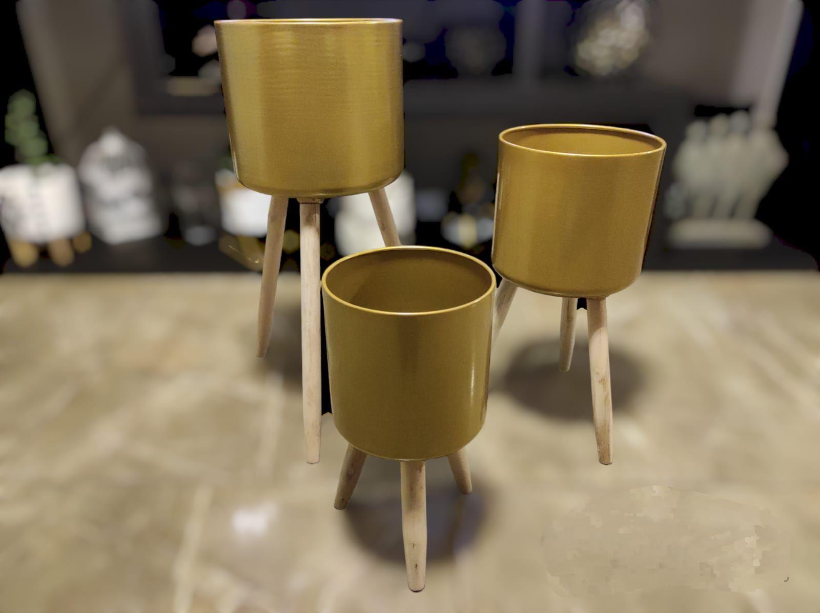 Set 3 Pcs Porta Maceteros Metálicos Patas De Madera-4