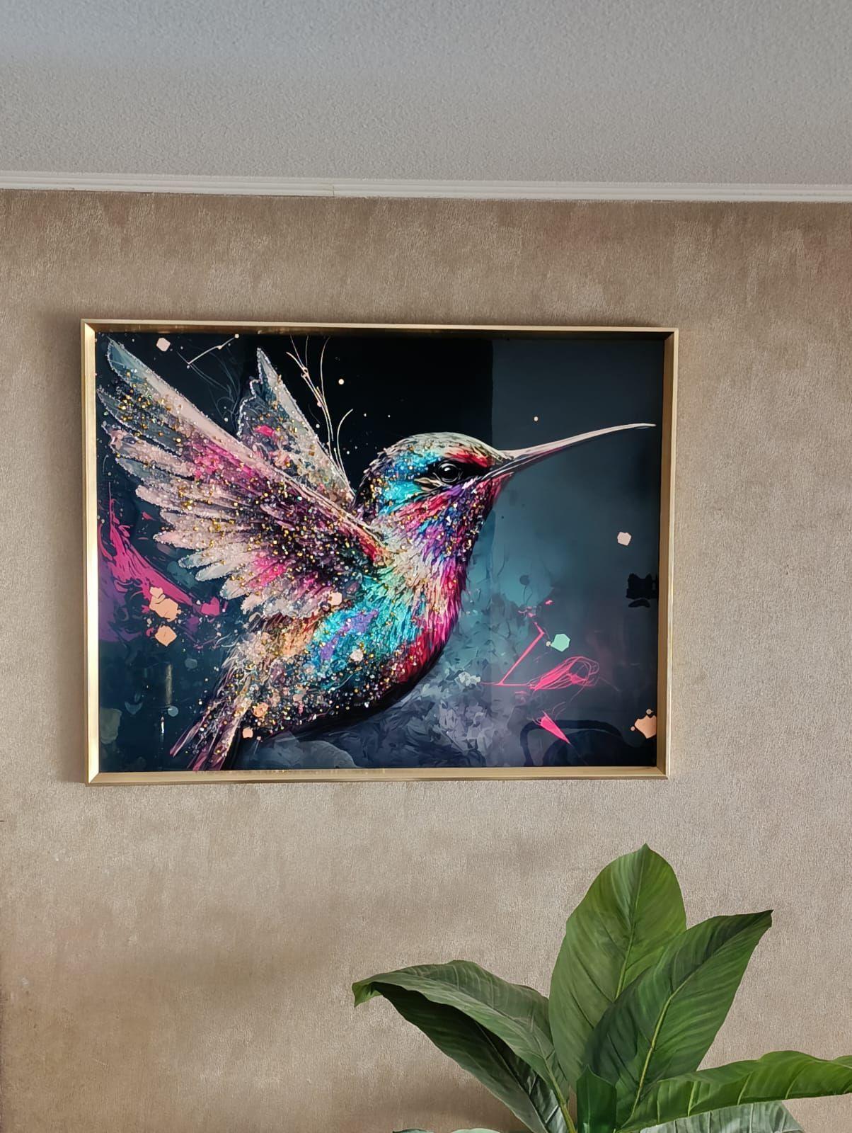 Cuadro Picaflor Multicolor Diamante, Marco Dorado 90x70x3cm-0