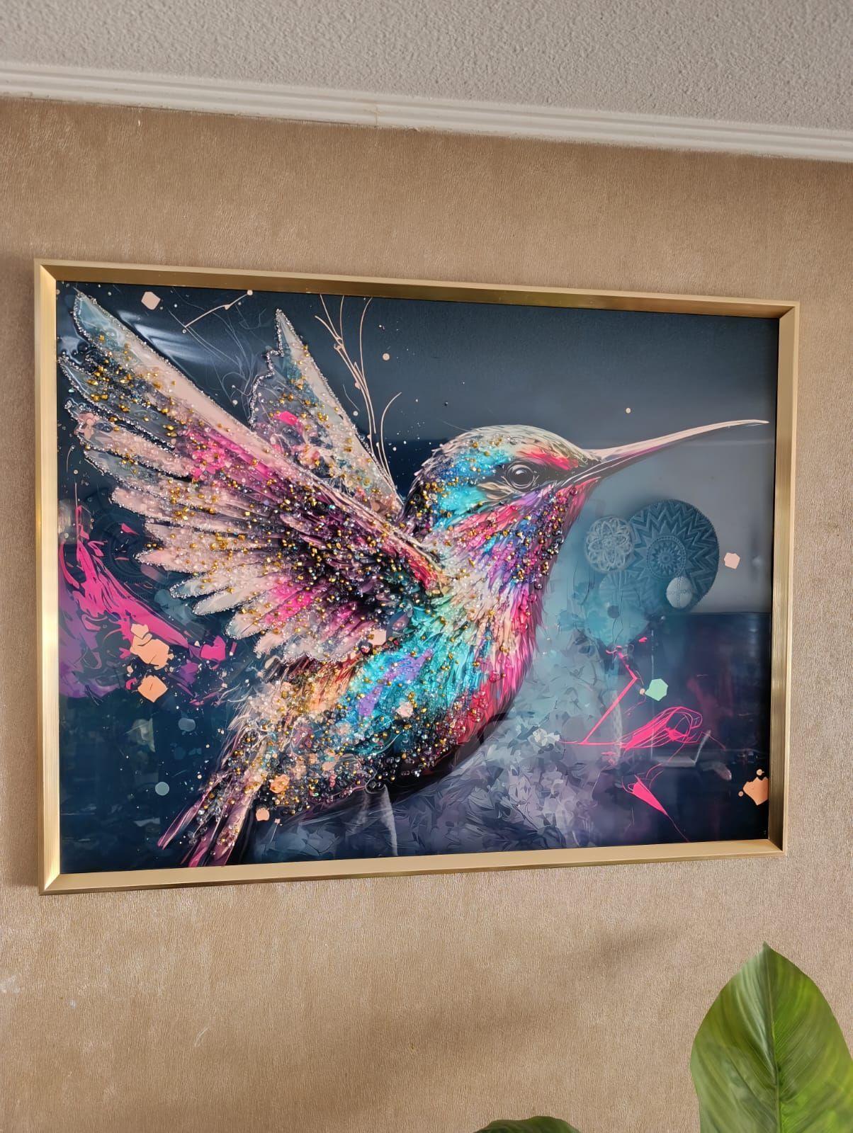 Cuadro Picaflor Multicolor Diamante, Marco Dorado 90x70x3cm-1