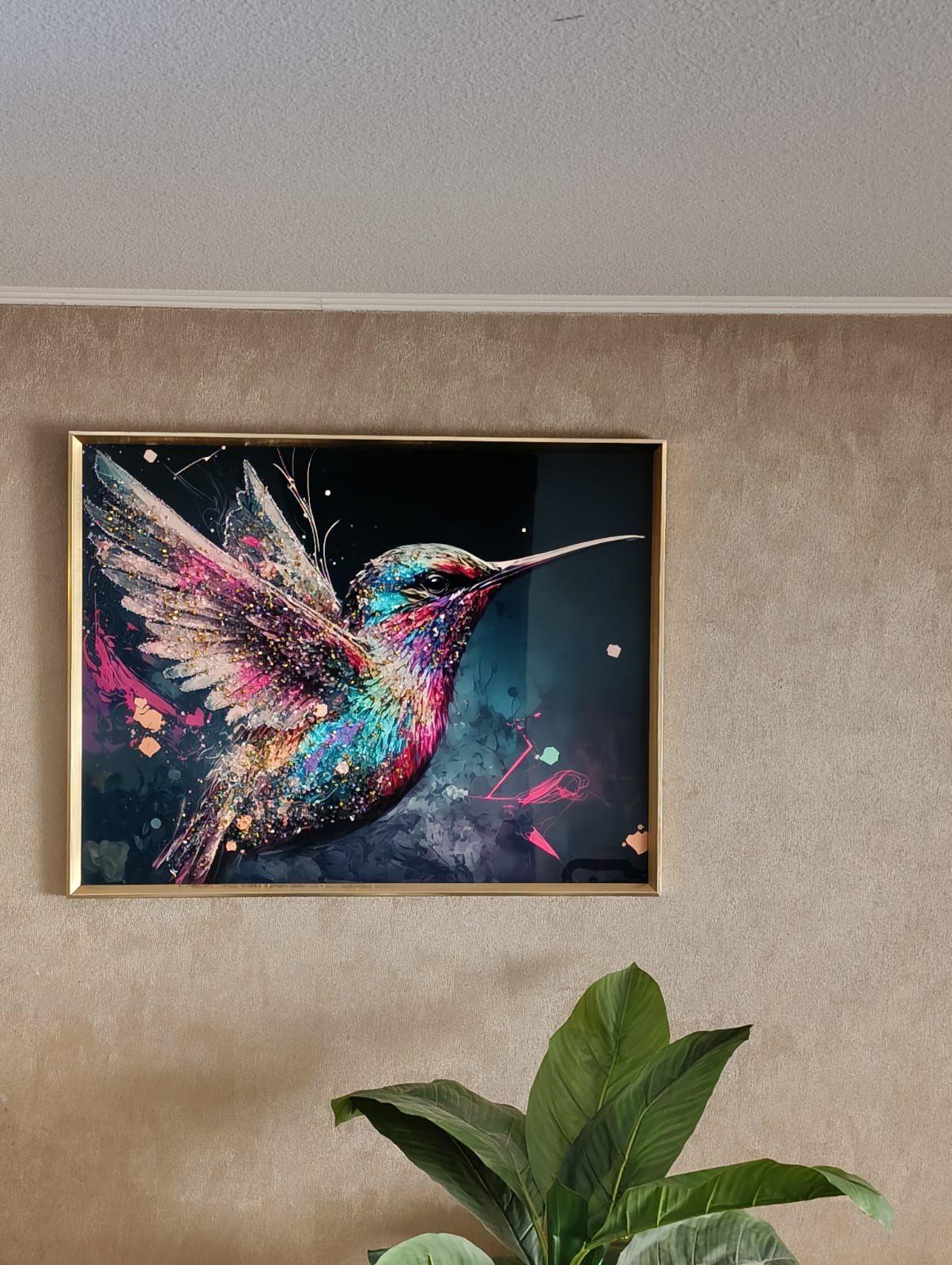 Cuadro Picaflor Multicolor Diamante, Marco Dorado 90x70x3cm-2