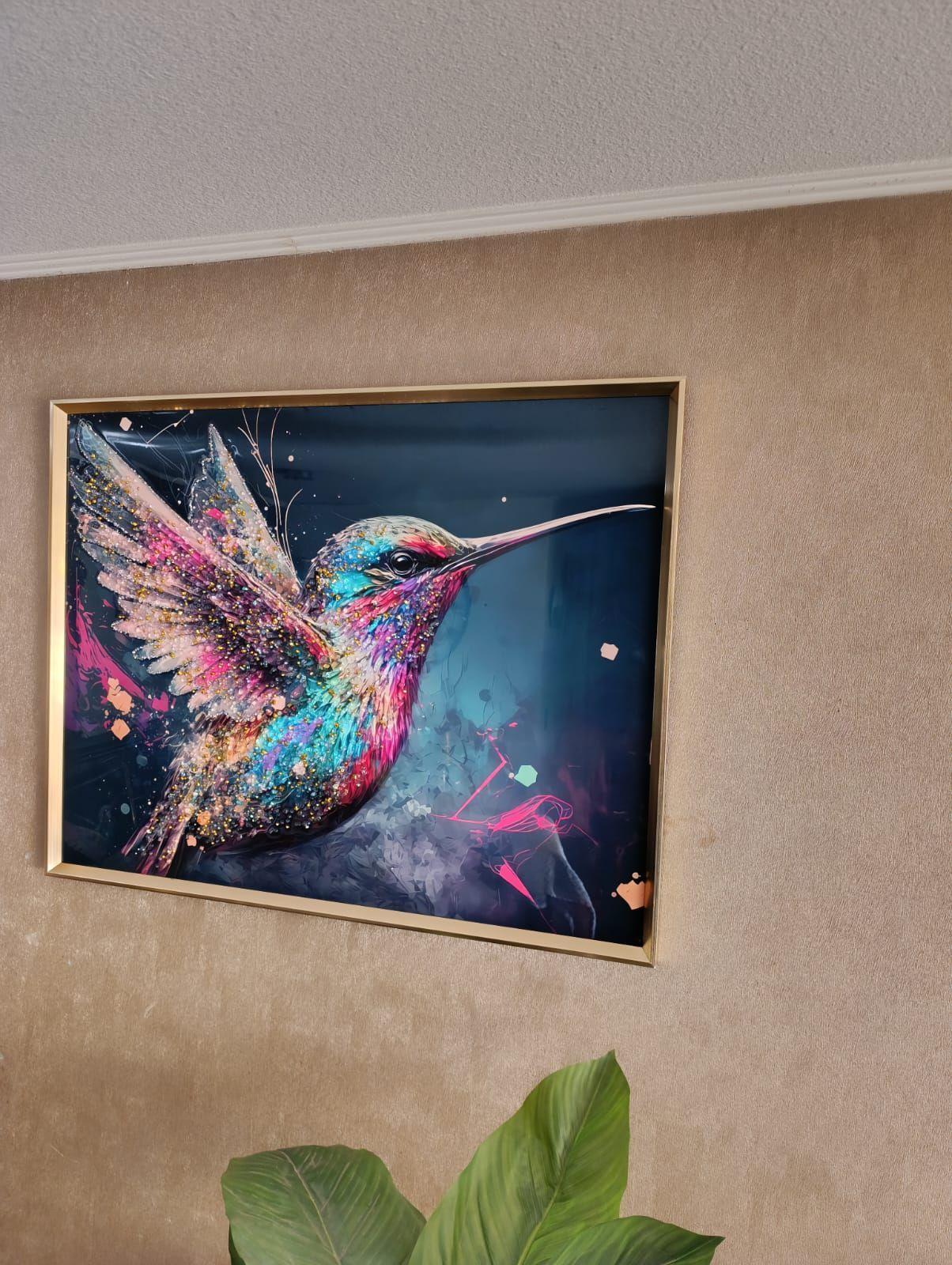 Cuadro Picaflor Multicolor Diamante, Marco Dorado 90x70x3cm-3