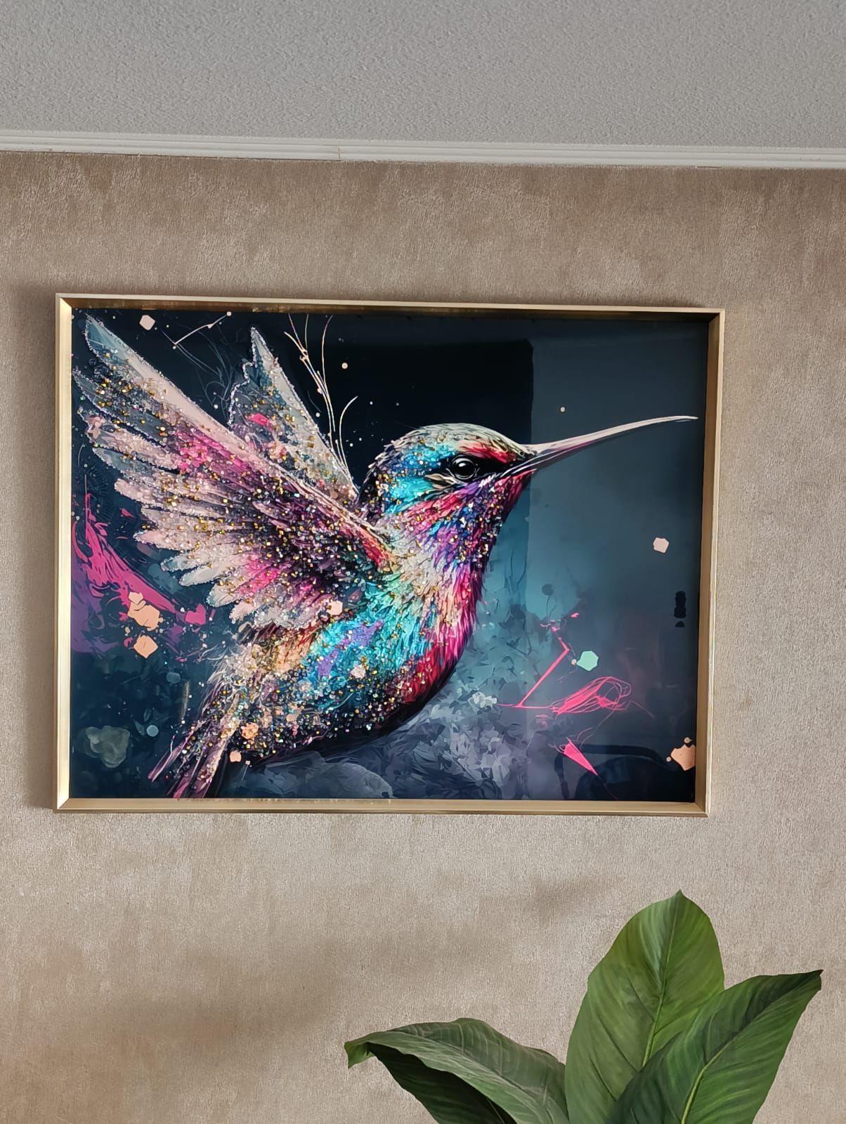 Cuadro Picaflor Multicolor Diamante, Marco Dorado 90x70x3cm-4