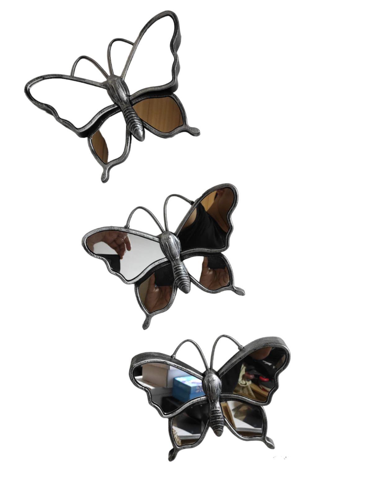 Set 3 Pcs Espejos Diseño Mariposas Plateadas y Doradas 19x25 Cm C/u-0