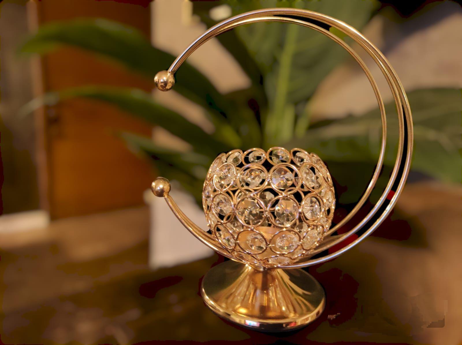 Hermoso Porta Vela Metal Dorado Con Simil Brillantes 23x20cm-4